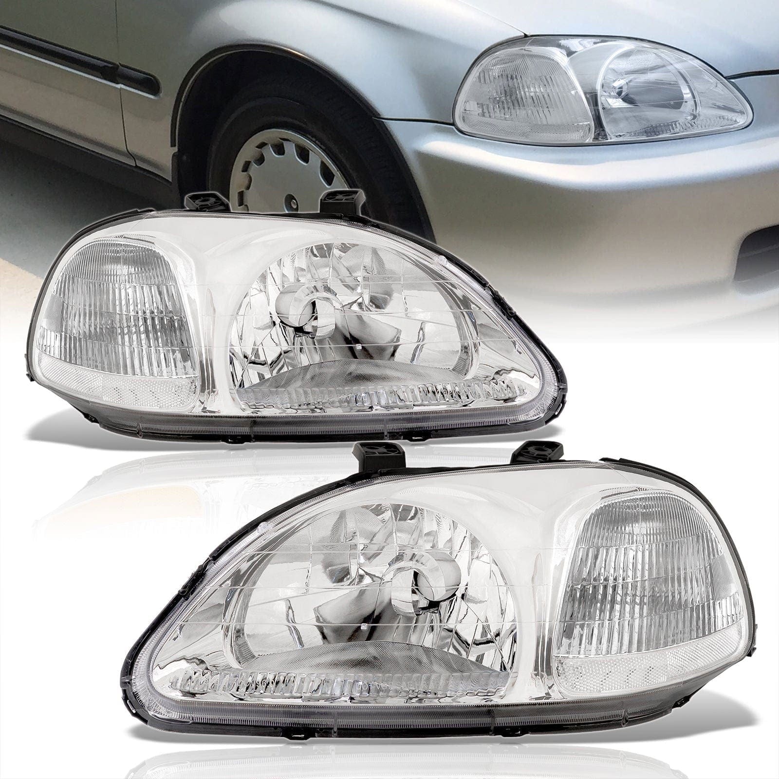 Honda Civic 1996-1998 Factory Style Headlights Chrome Housing Clear Len Clear Reflector - Parts Agent