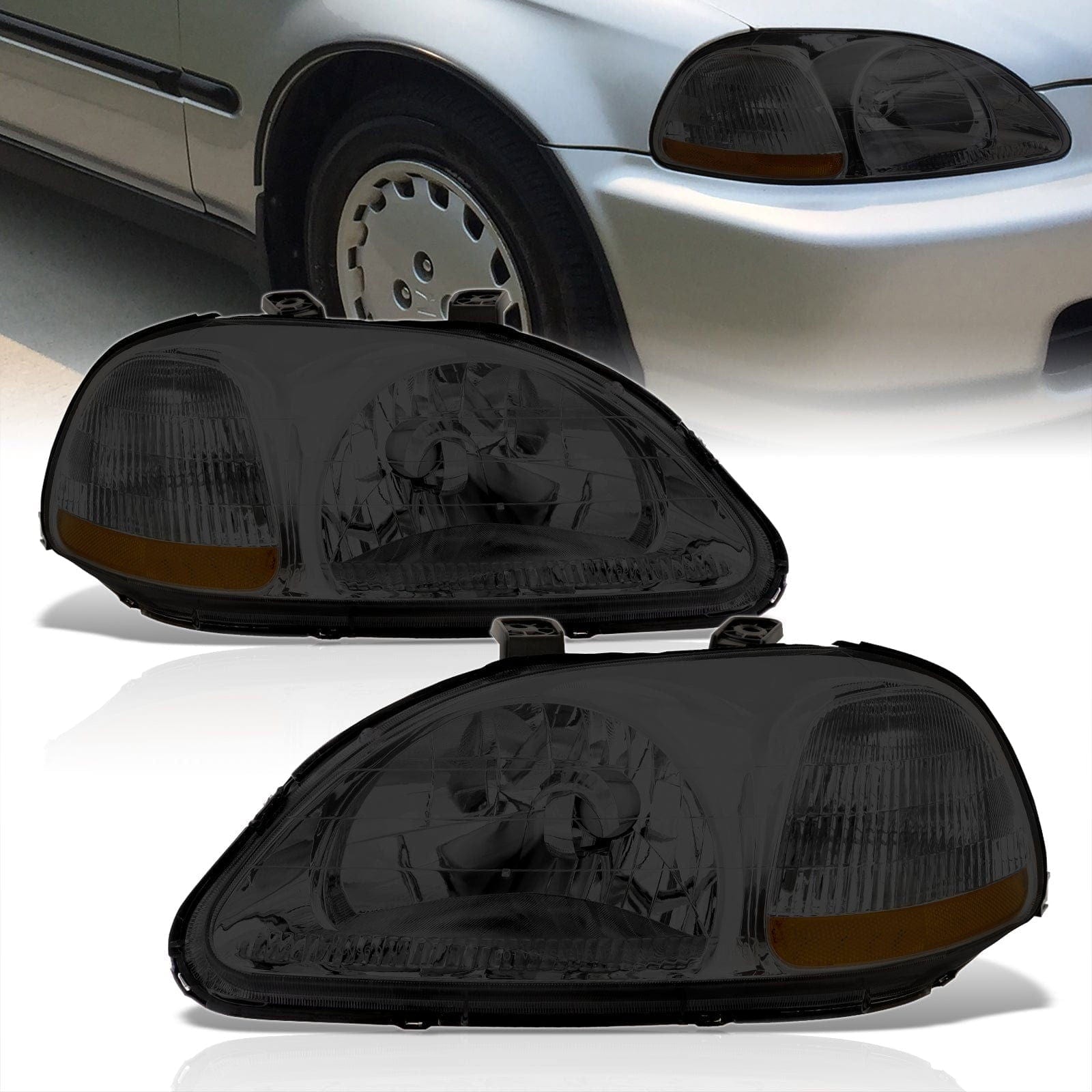 Honda Civic 1996-1998 Factory Style Headlights Chrome Housing Smoke Len Amber Reflector - Parts Agent