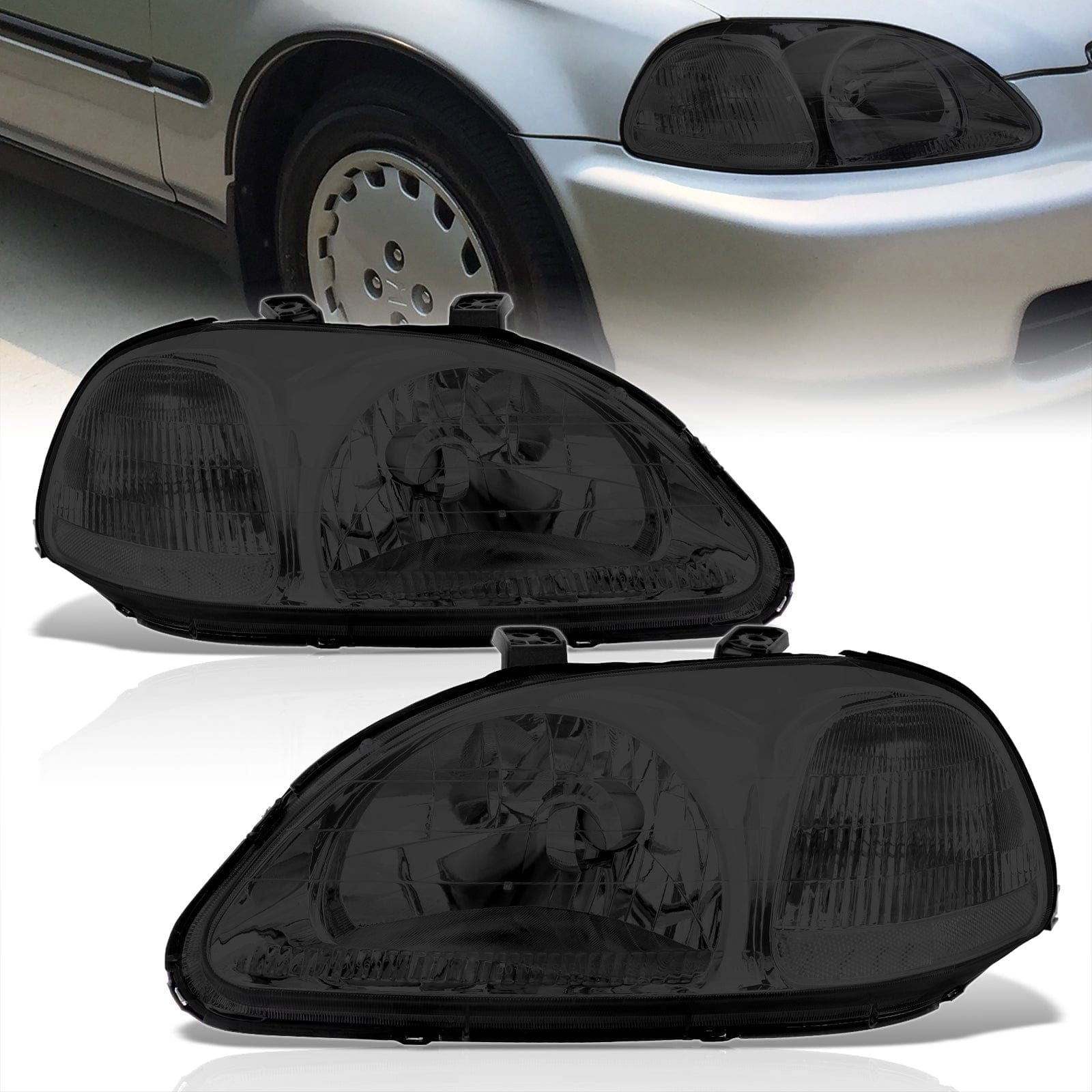 Honda Civic 1996-1998 Factory Style Headlights Chrome Housing Smoke Len Clear Reflector - Parts Agent