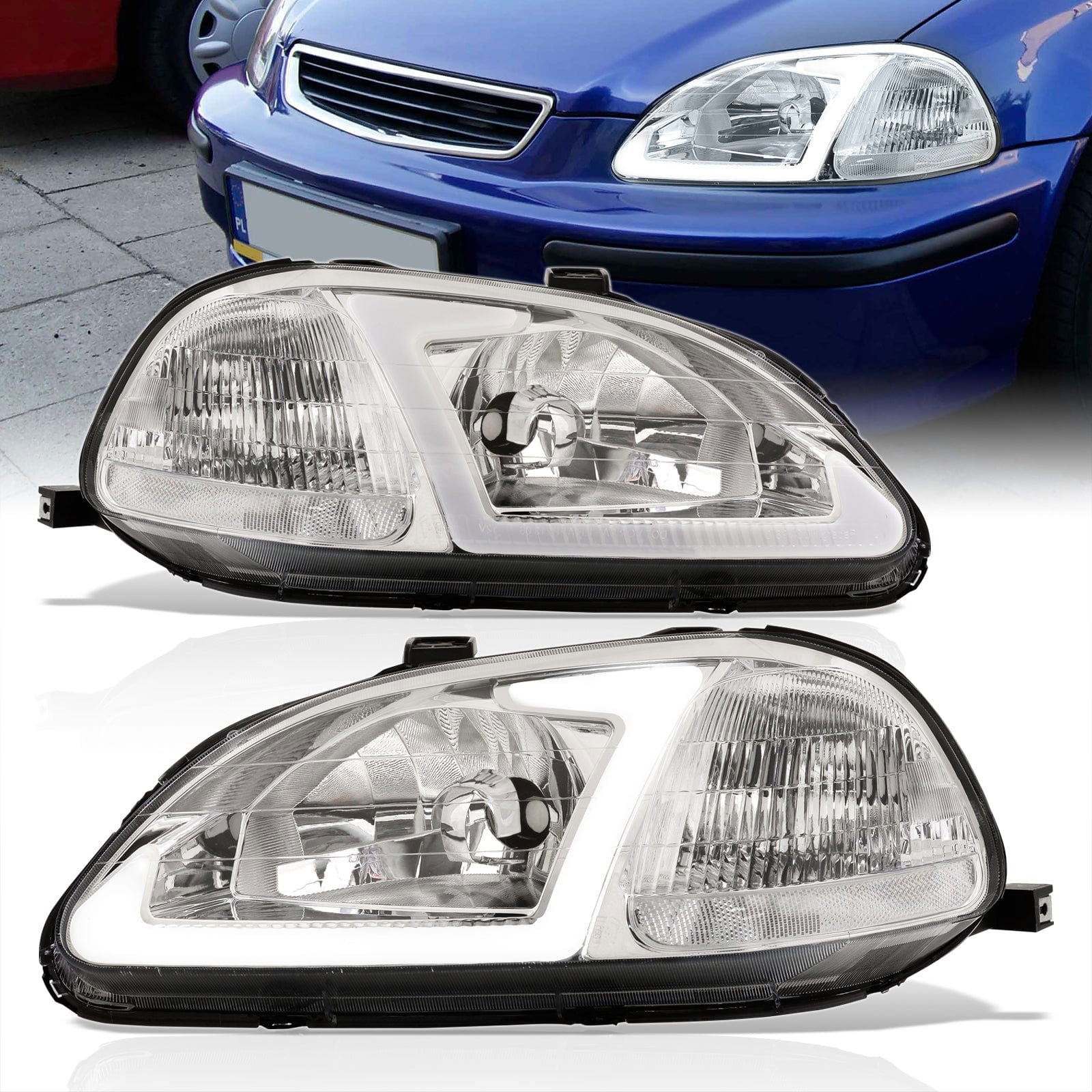 Honda Civic 1996-1998 LED DRL Bar Factory Style Headlights Chrome Housing Clear Len Clear Reflector - Parts Agent