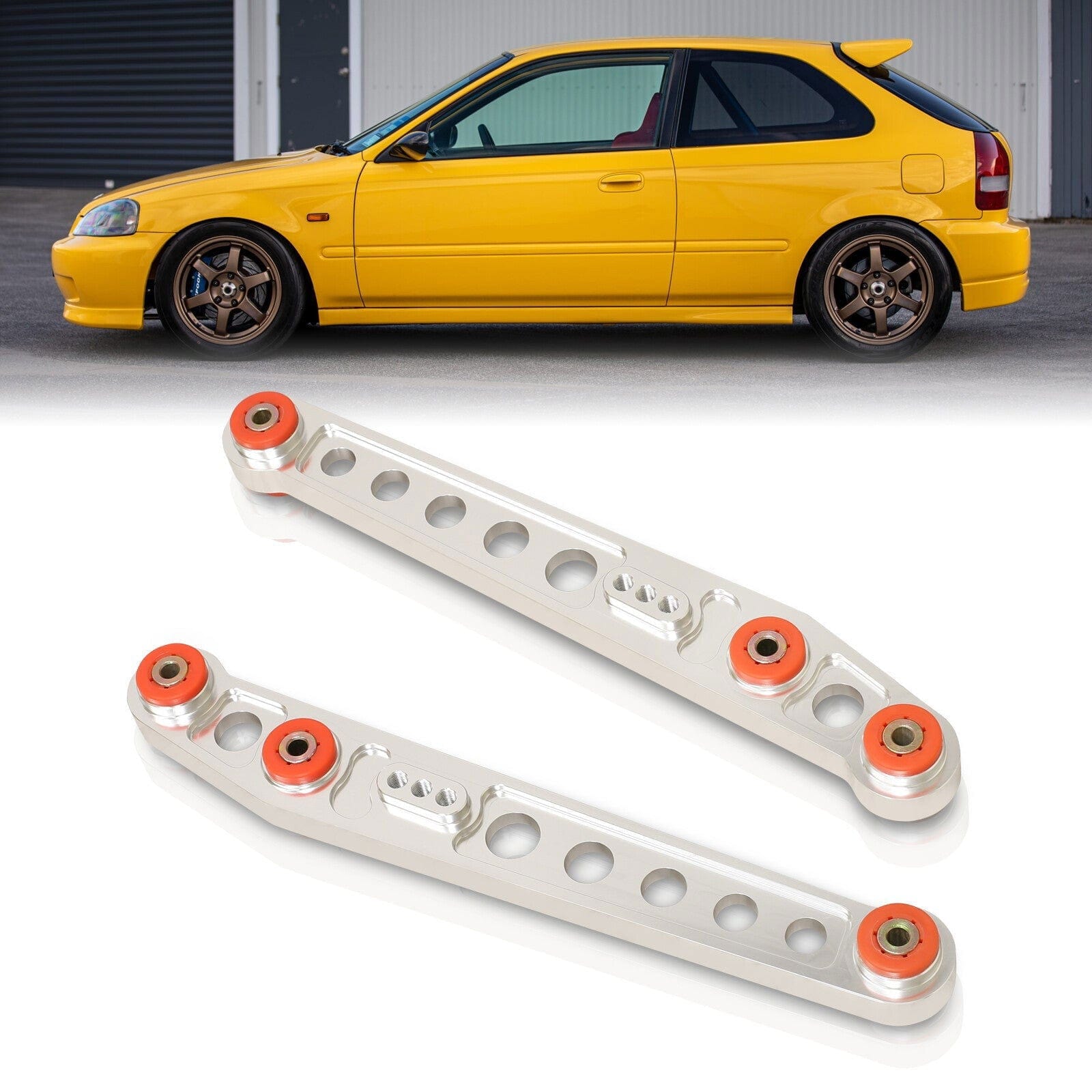 Honda Civic 1996-2000 Rear Lower Control Arms Polished with Red Bushings - Parts Agent