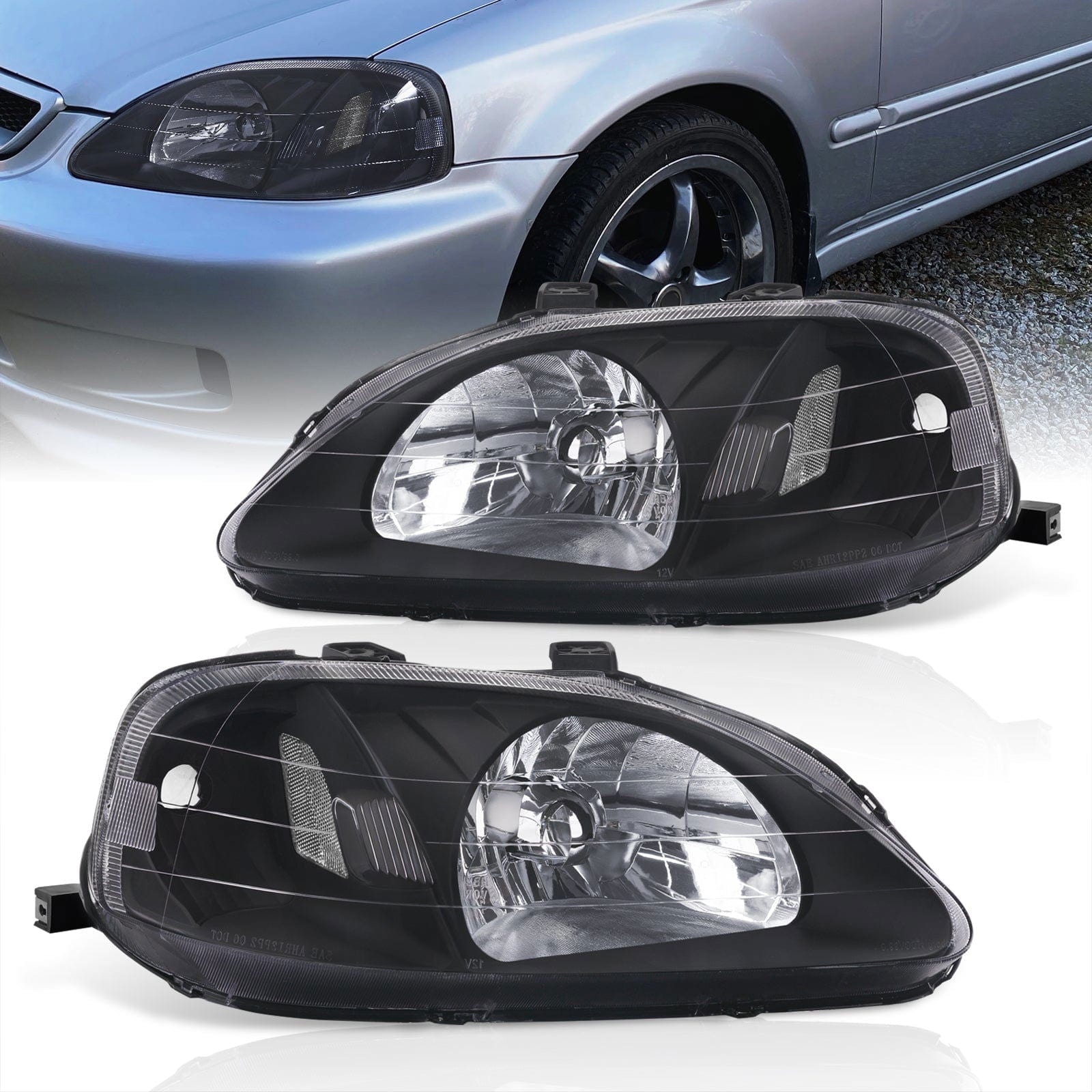 Honda Civic 1999-2000 Factory Style Headlights Black Housing Clear Len Clear Reflector - Parts Agent