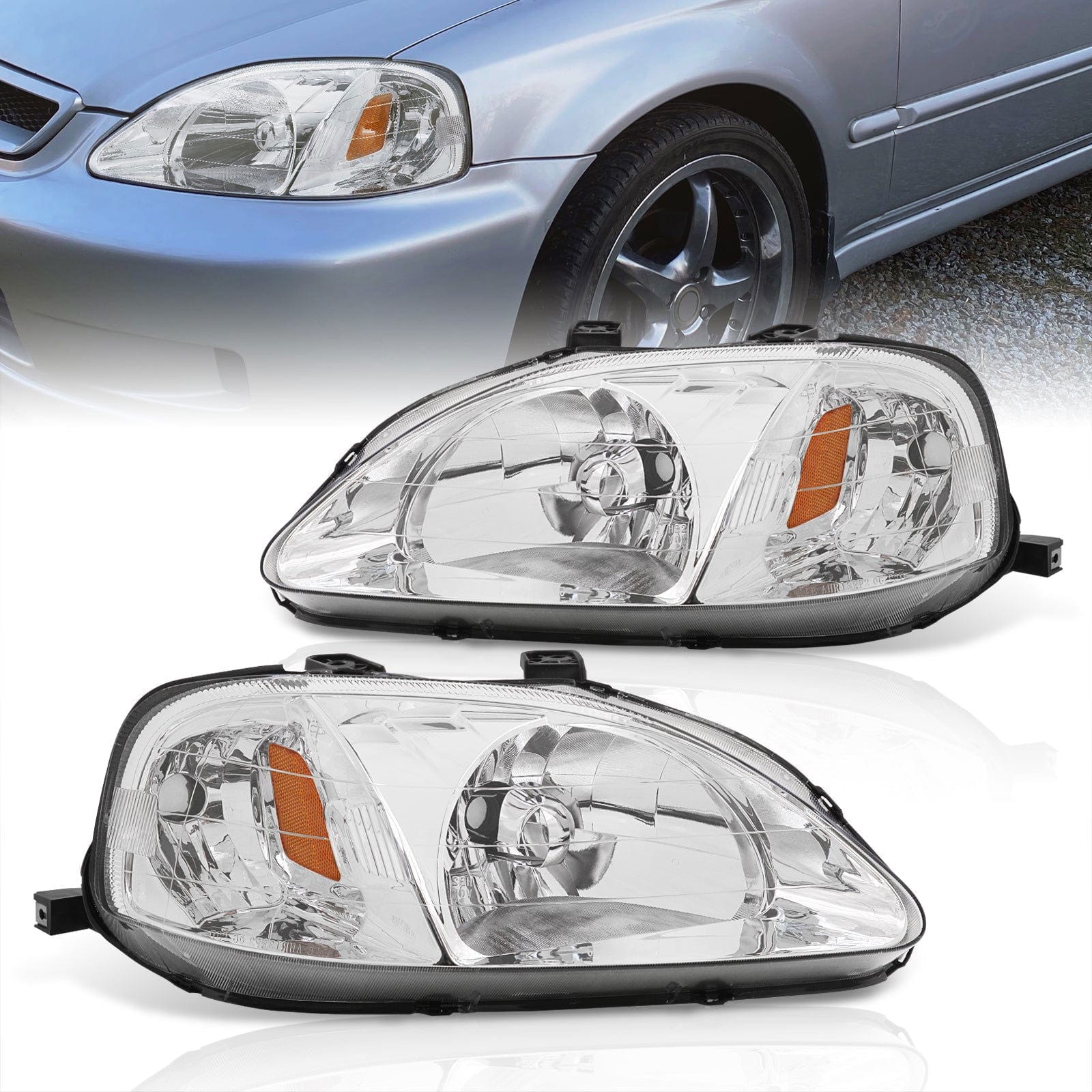 Honda Civic 1999-2000 Factory Style Headlights Chrome Housing Clear Len Amber Reflector - Parts Agent