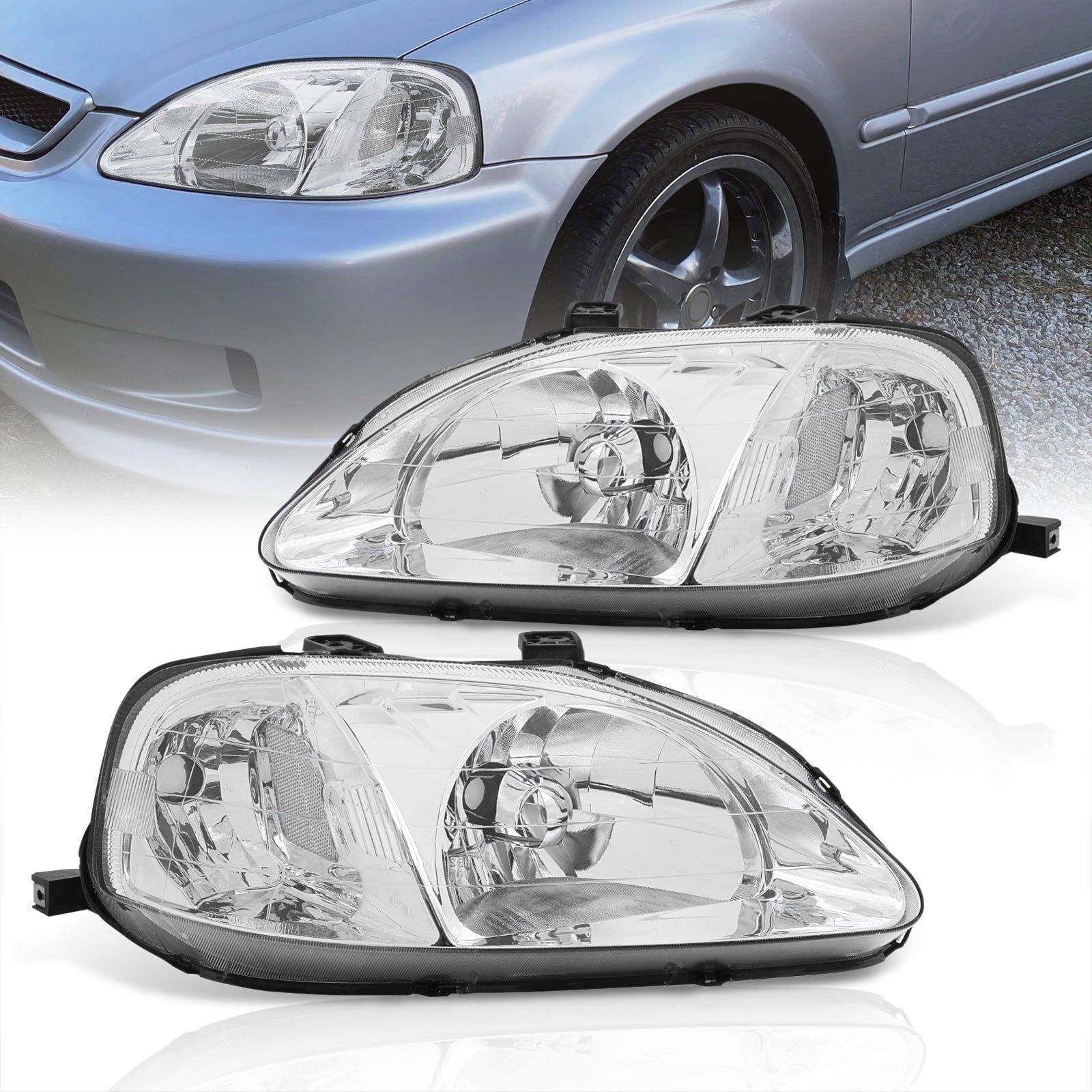 Honda Civic 1999-2000 Factory Style Headlights Chrome Housing Clear Len Clear Reflector - Parts Agent