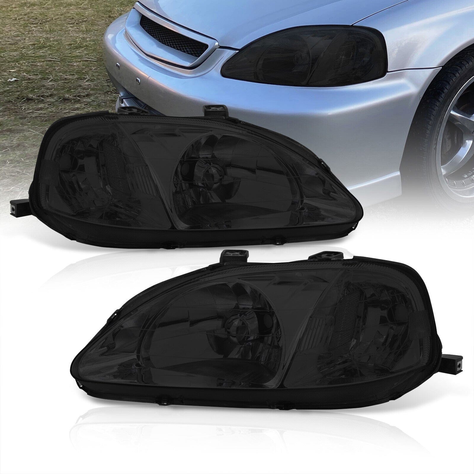 Honda Civic 1999-2000 Factory Style Headlights Chrome Housing Smoke Len Clear Reflector - Parts Agent