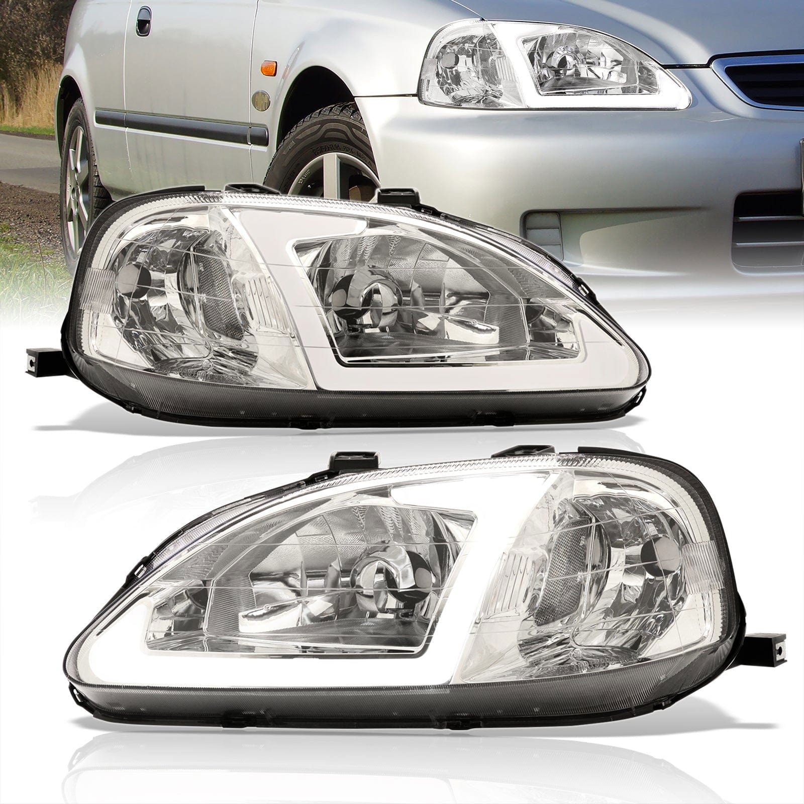 Honda Civic 1999-2000 LED DRL Bar Factory Style Headlights Chrome Housing Clear Len Clear Reflector - Parts Agent