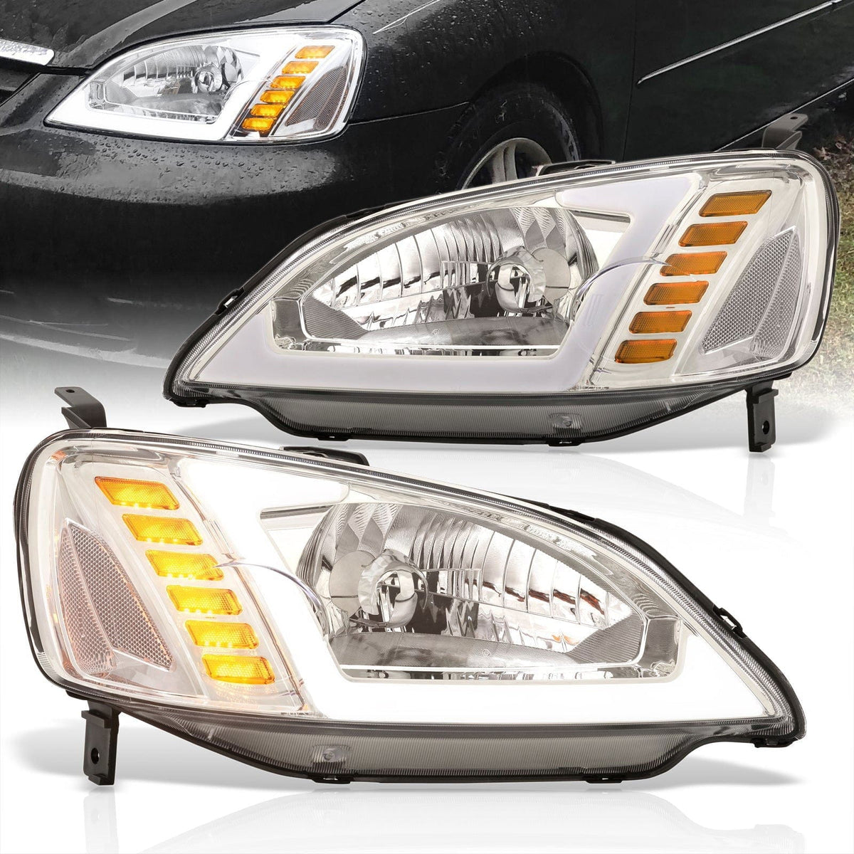 Honda Civic 2001-2003 Sequential LED DRL Bar Factory Style Headlights Chrome Housing Clear Len Clear Reflector - Parts Agent