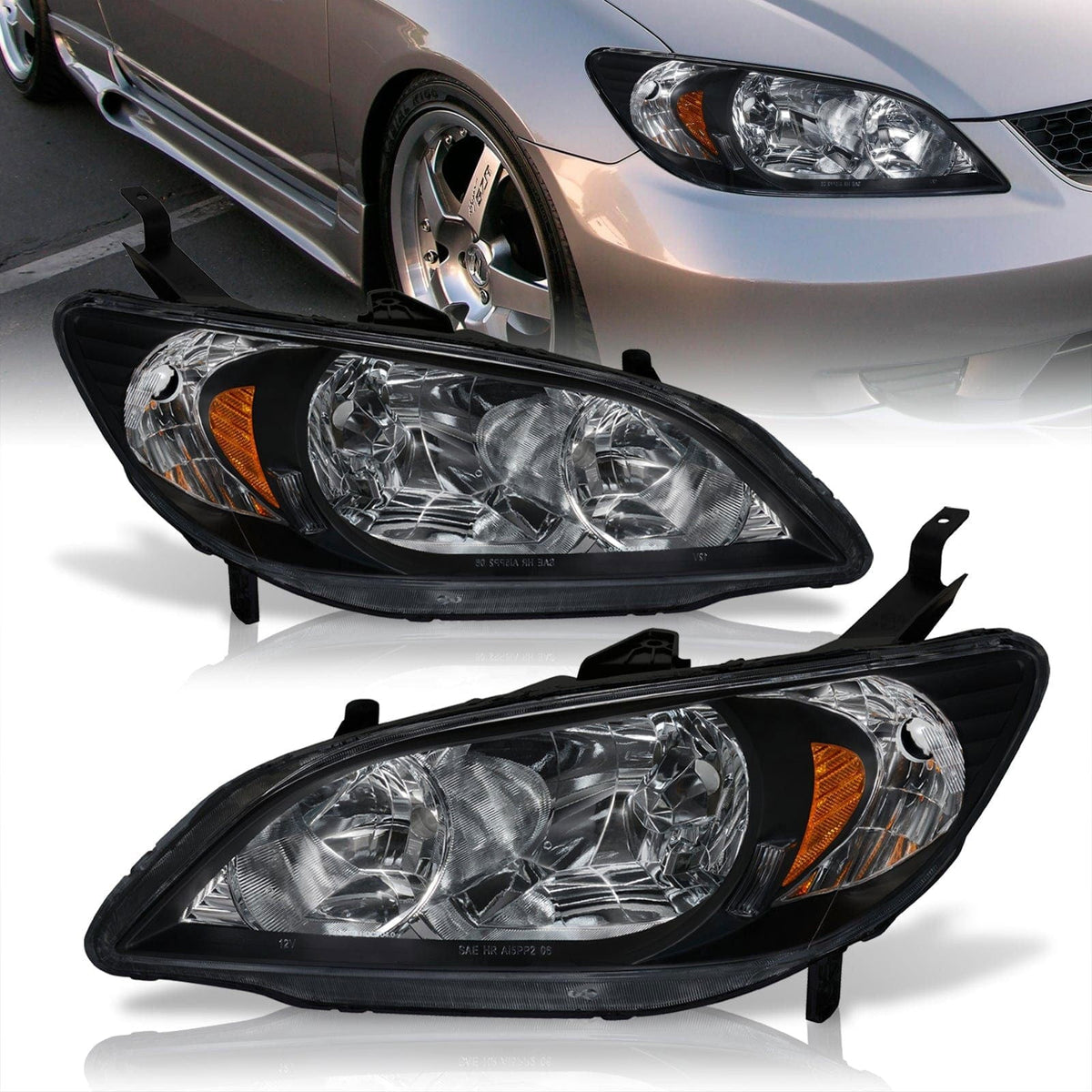 Honda Civic 2004-2005 Factory Style Headlights Black Housing Clear Len Amber Reflector - Parts Agent