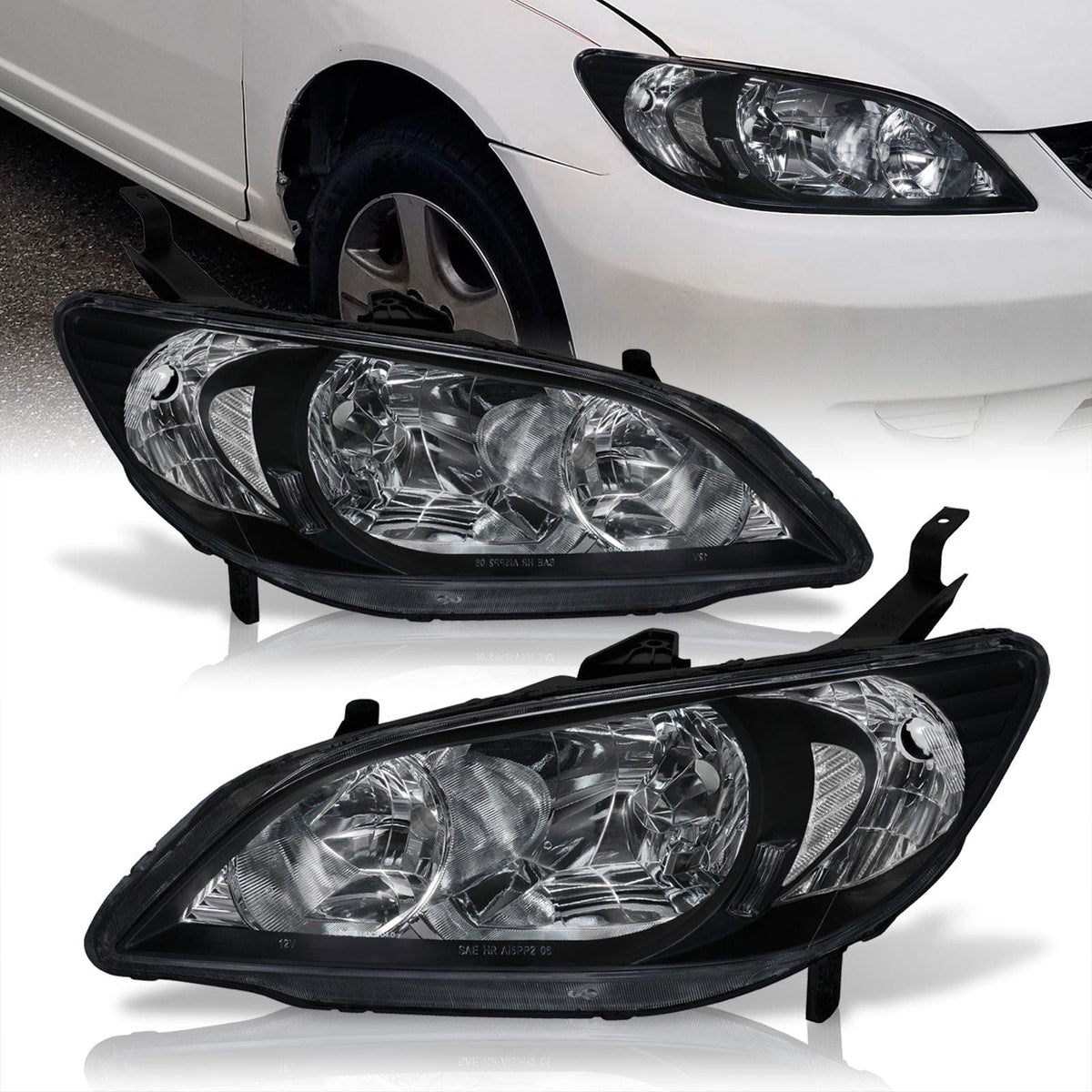 Honda Civic 2004-2005 Factory Style Headlights Black Housing Clear Len Clear Reflector - Parts Agent