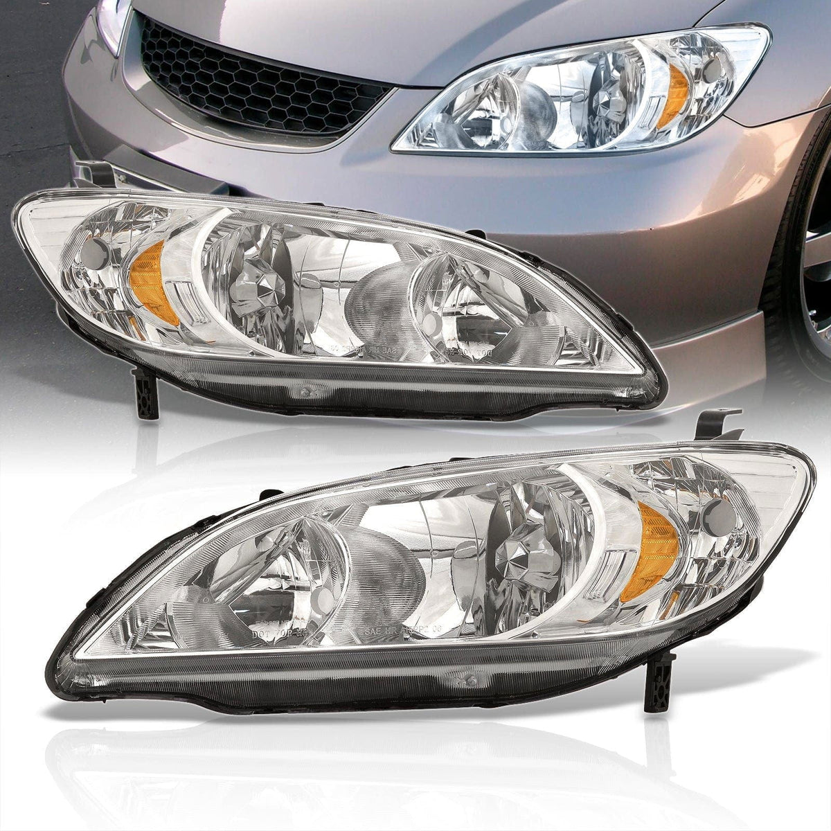 Honda Civic 2004-2005 Factory Style Headlights Chrome Housing Clear Len Amber Reflector - Parts Agent