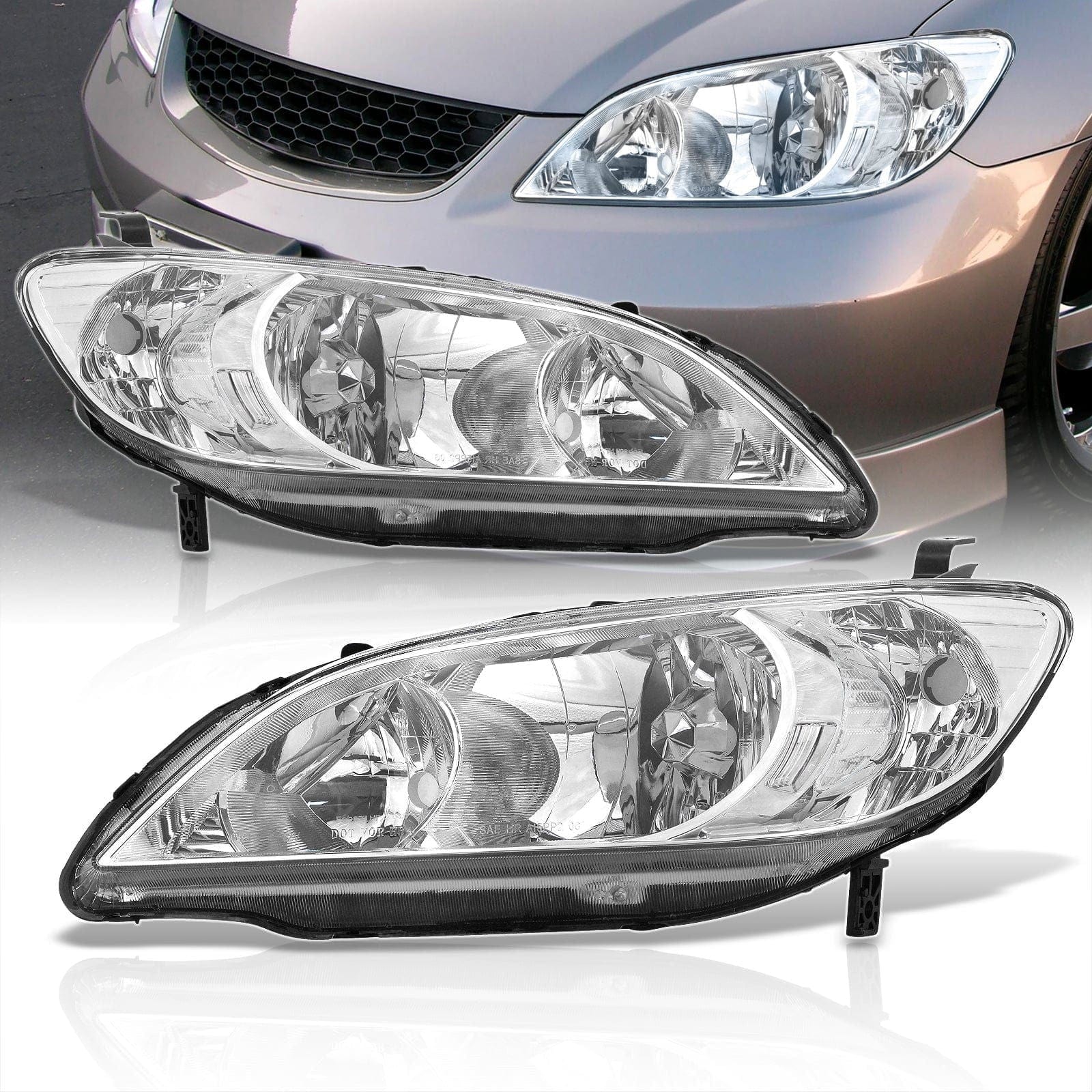 Honda Civic 2004-2005 Factory Style Headlights Chrome Housing Clear Len Clear Reflector - Parts Agent