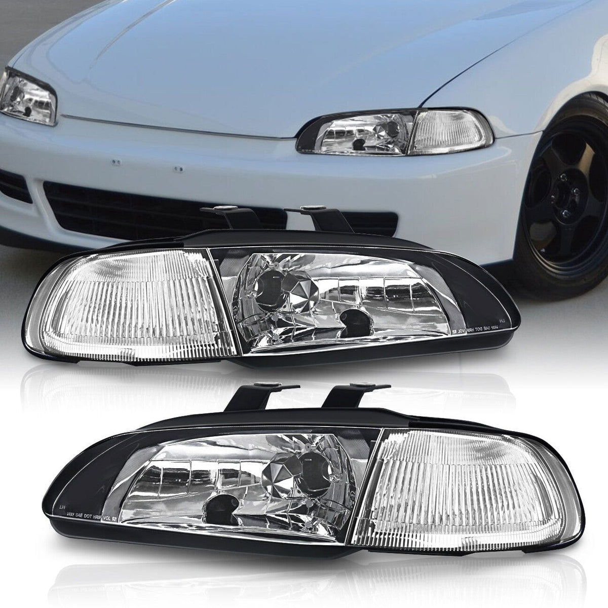Honda Civic Coupe / Hatchback 1992-1995 1 Piece Style Headlights + Corners Black Housing Clear Len Clear Reflector - Parts Agent