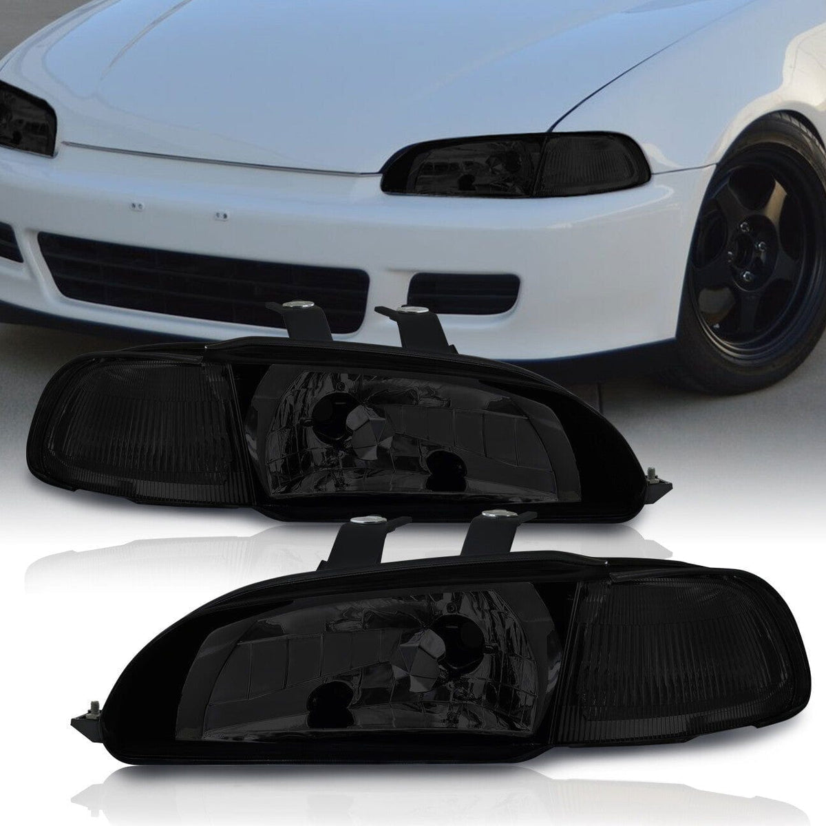 Honda Civic Coupe / Hatchback 1992-1995 1 Piece Style Headlights + Corners Chrome Housing Smoke Len Clear Reflector - Parts Agent