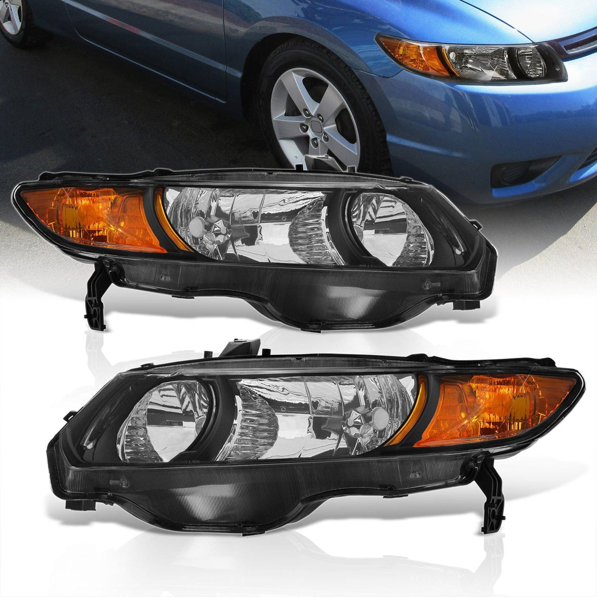 Honda Civic Coupe 2006-2011 Factory Style Headlights Black Housing Clear Len Amber Reflector - Parts Agent