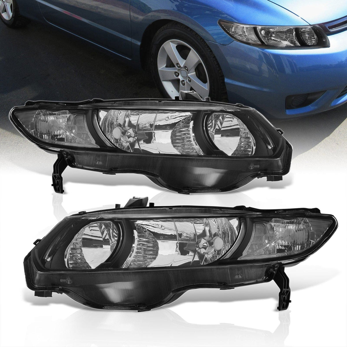 Honda Civic Coupe 2006-2011 Factory Style Headlights Black Housing Clear Len Clear Reflector - Parts Agent