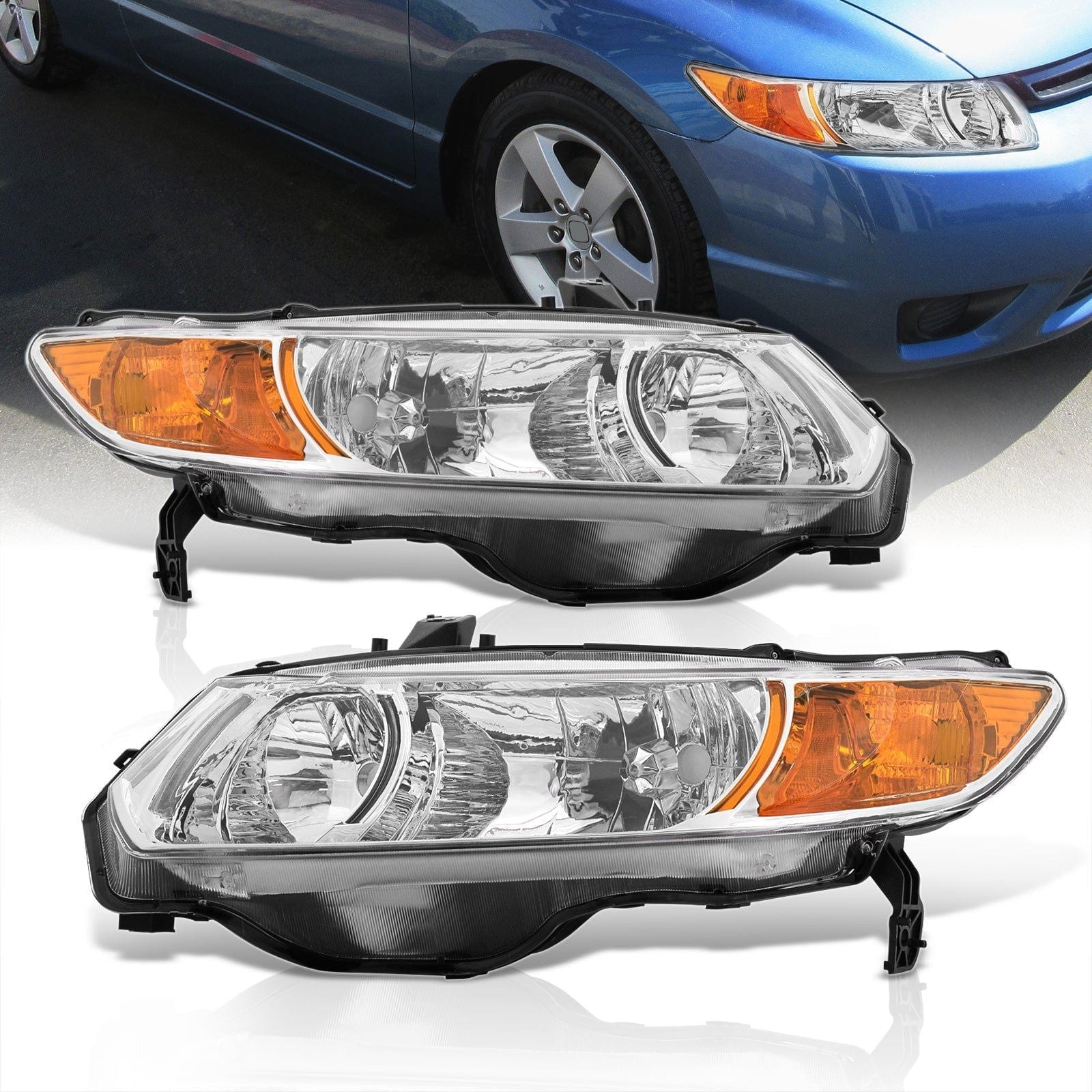 Honda Civic Coupe 2006-2011 Factory Style Headlights Chrome Housing Clear Len Amber Reflector - Parts Agent