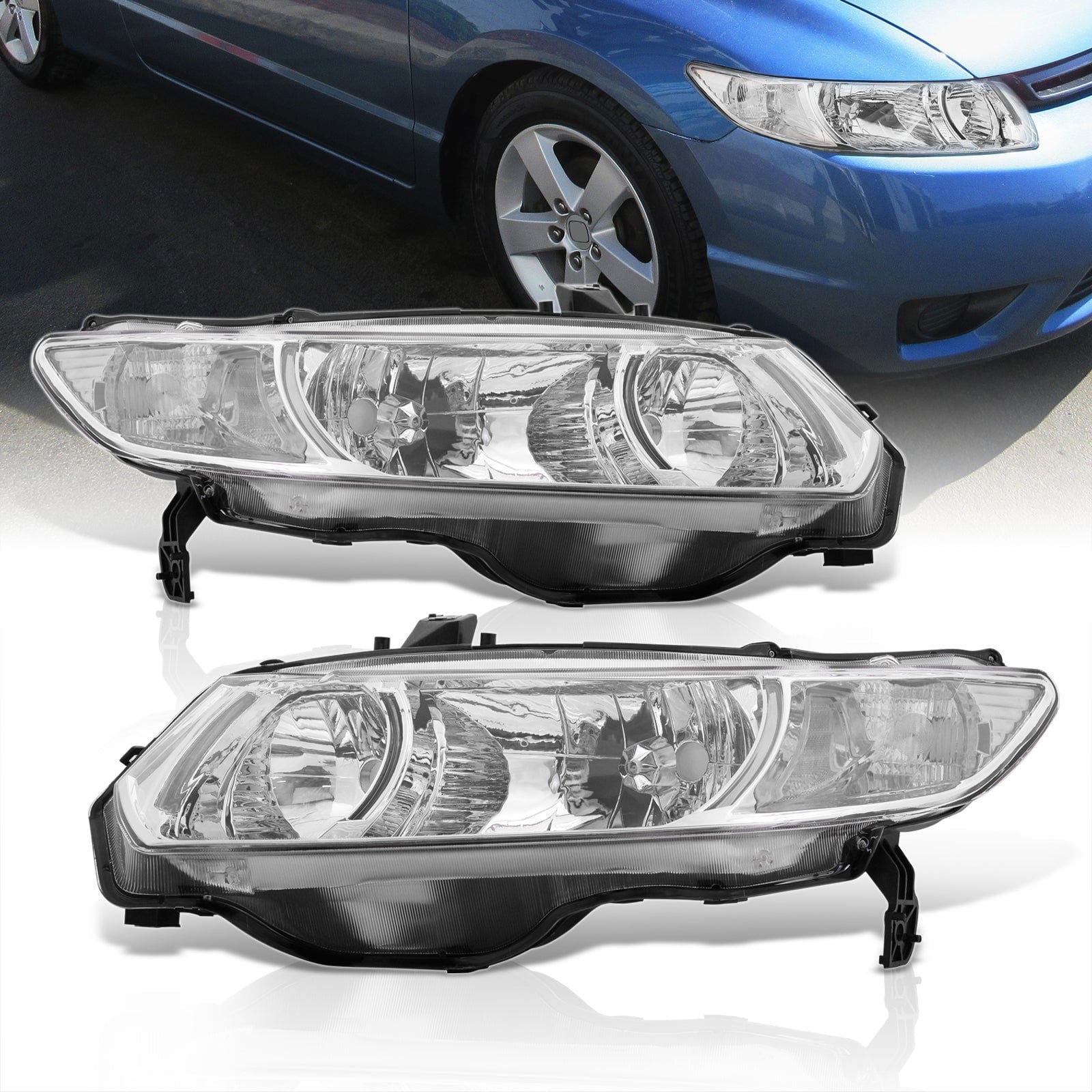 Honda Civic Coupe 2006-2011 Factory Style Headlights Chrome Housing Clear Len Clear Reflector - Parts Agent