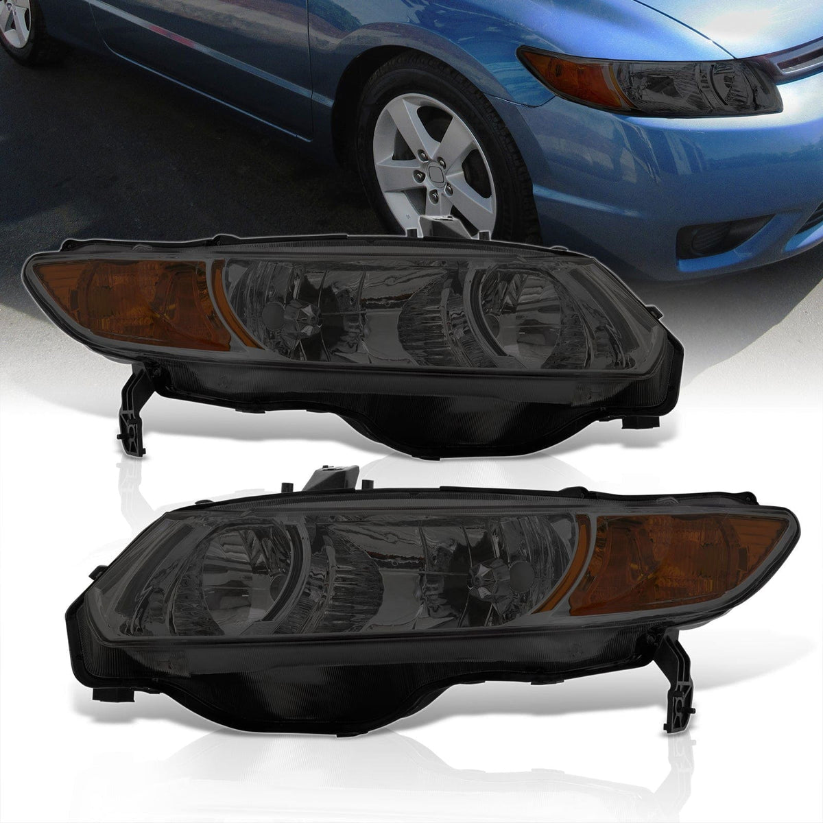 Honda Civic Coupe 2006-2011 Factory Style Headlights Chrome Housing Smoke Len Amber Reflector - Parts Agent