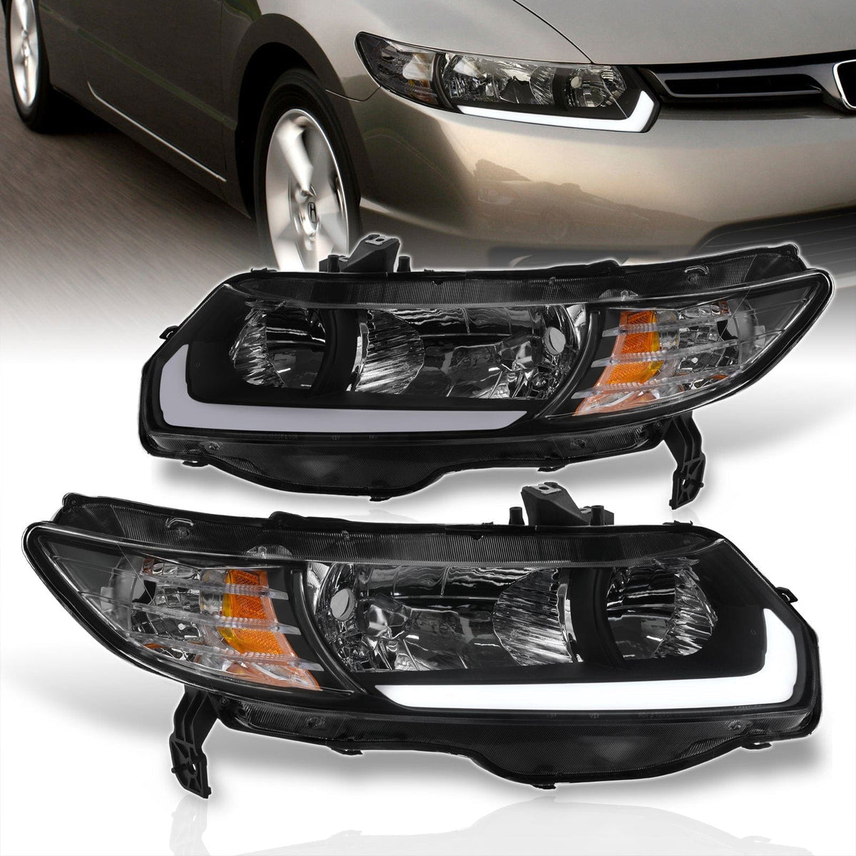 Honda Civic Coupe 2006-2011 LED DRL Bar Factory Style Headlights Black Housing Clear Len Amber Reflector - Parts Agent