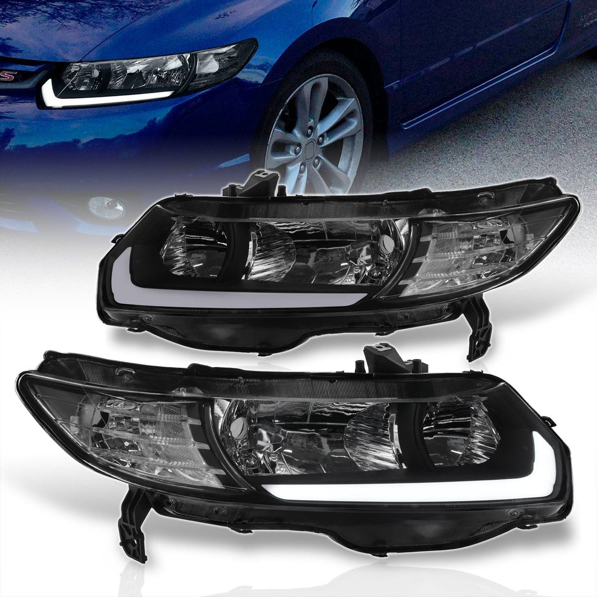 Honda Civic Coupe 2006-2011 LED DRL Bar Factory Style Headlights Black Housing Clear Len Clear Reflector - Parts Agent