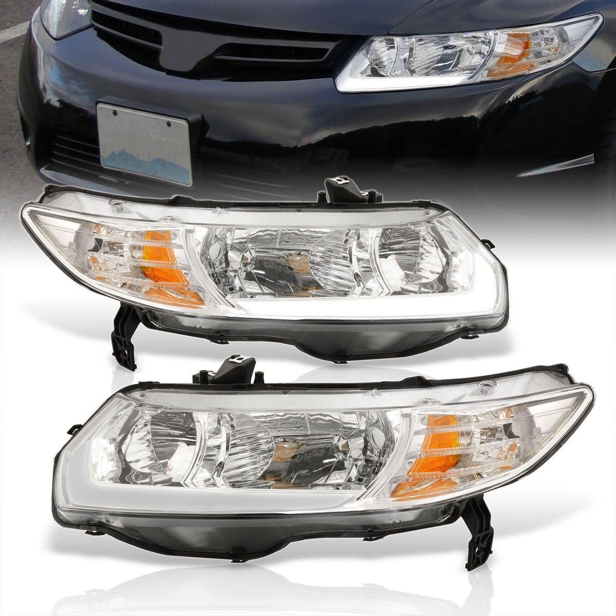 Honda Civic Coupe 2006-2011 LED DRL Bar Factory Style Headlights Chrome Housing Clear Len Amber Reflector - Parts Agent