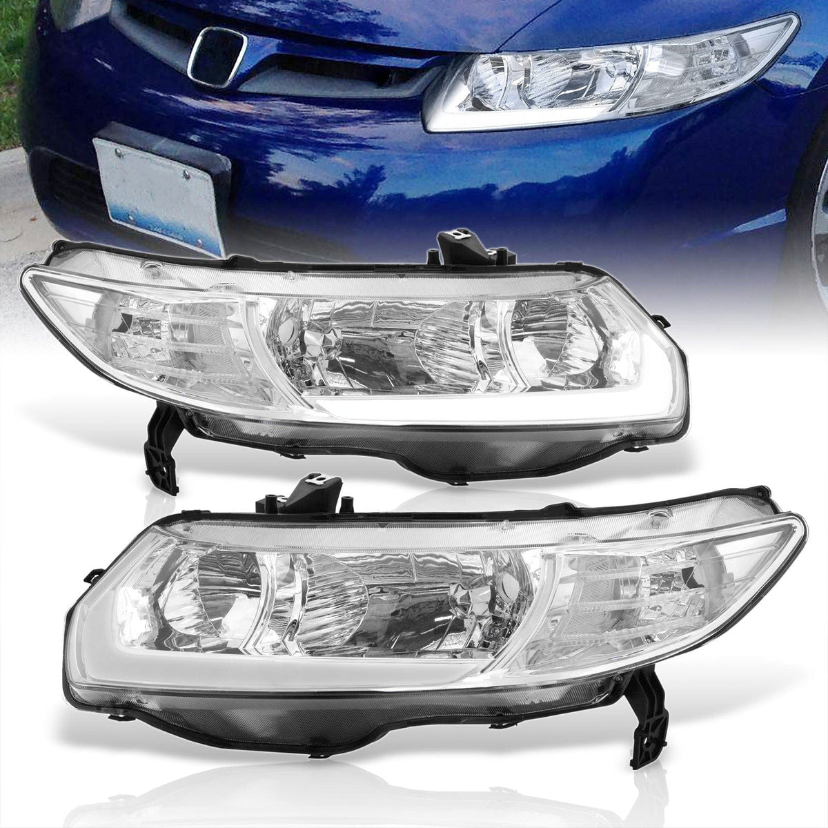 Honda Civic Coupe 2006-2011 LED DRL Bar Factory Style Headlights Chrome Housing Clear Len Clear Reflector - Parts Agent