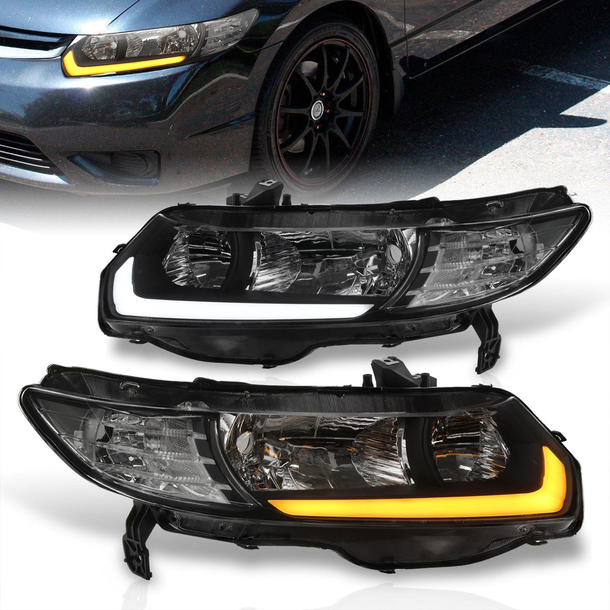Honda Civic Coupe 2006-2011 Sequential LED DRL Bar Factory Style Headlights Black Housing Clear Len Clear Reflector - Parts Agent