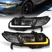 Honda Civic Coupe 2006-2011 Sequential LED DRL Bar Factory Style Headlights Black Housing Clear Len Clear Reflector - Parts Agent