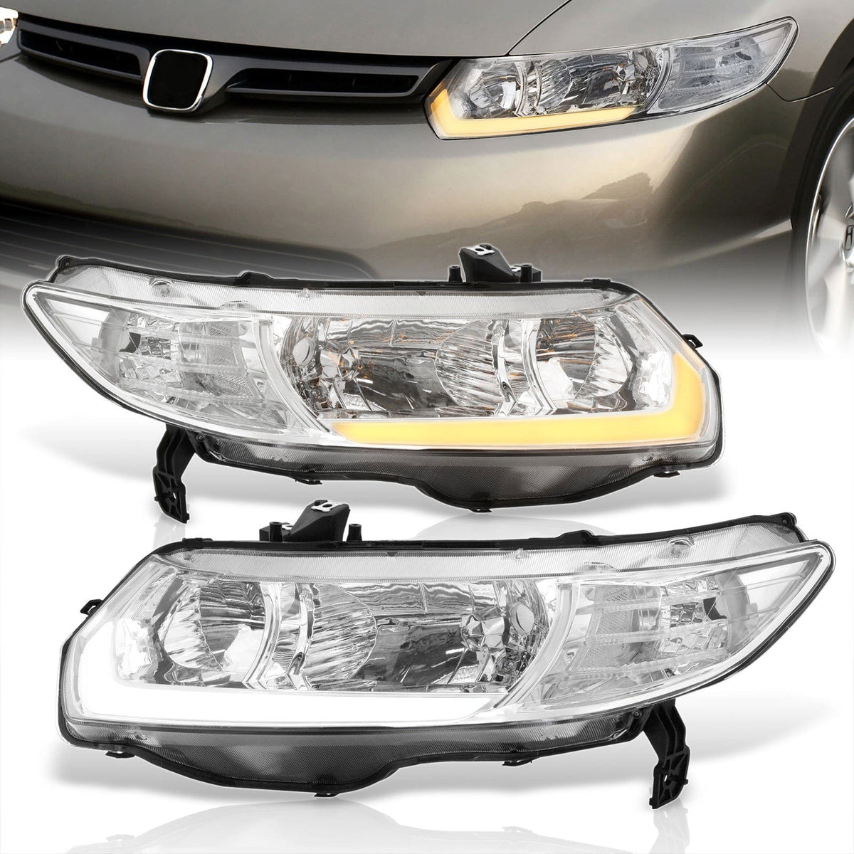 Honda Civic Coupe 2006-2011 Sequential LED DRL Bar Factory Style Headlights Chrome Housing Clear Len Clear Reflector - Parts Agent