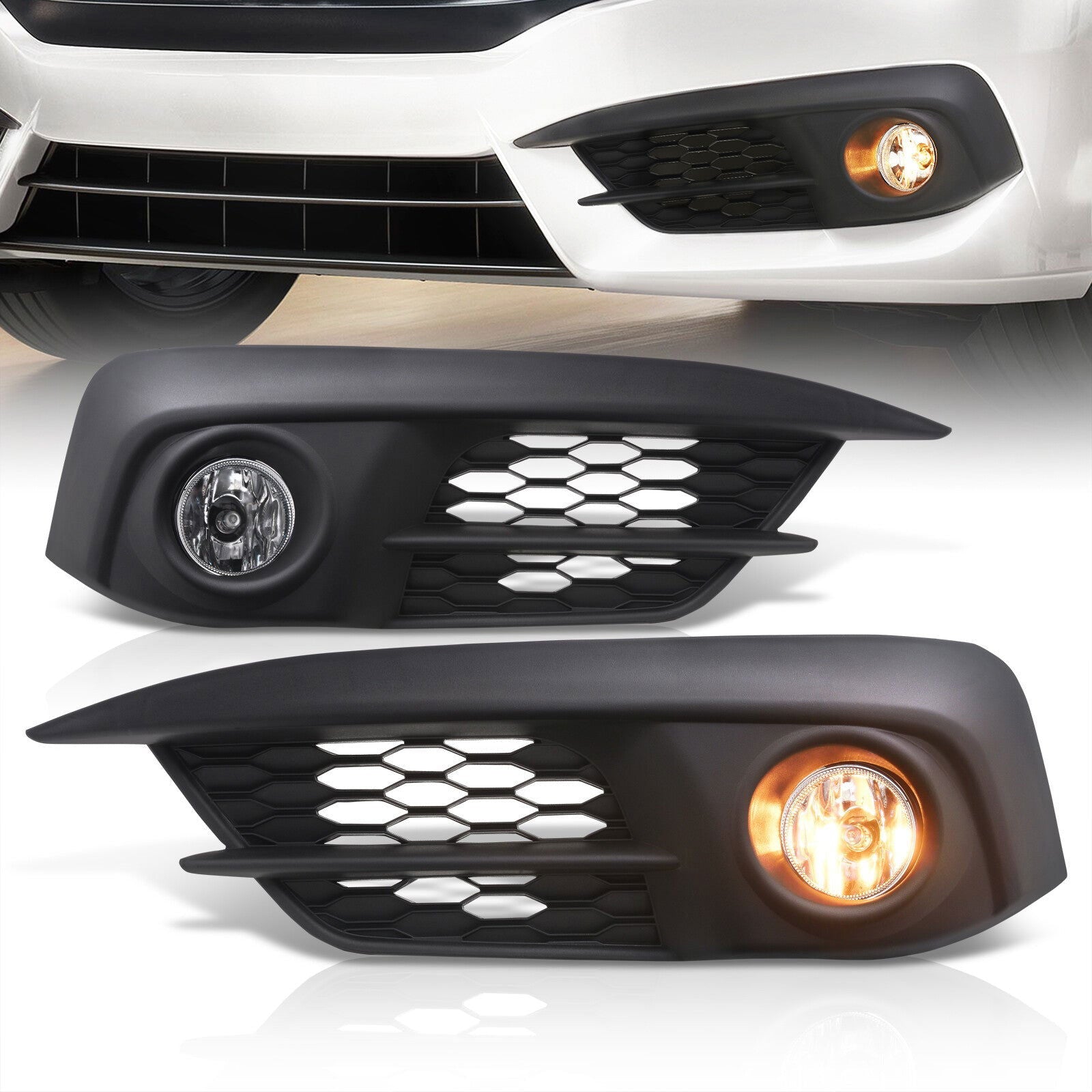 Honda Civic (Excluding Sport, SI, & Type-R Models) 2016-2018 Front Fog Lights Clear Len (Includes Switch & Wiring Harness) - Parts Agent