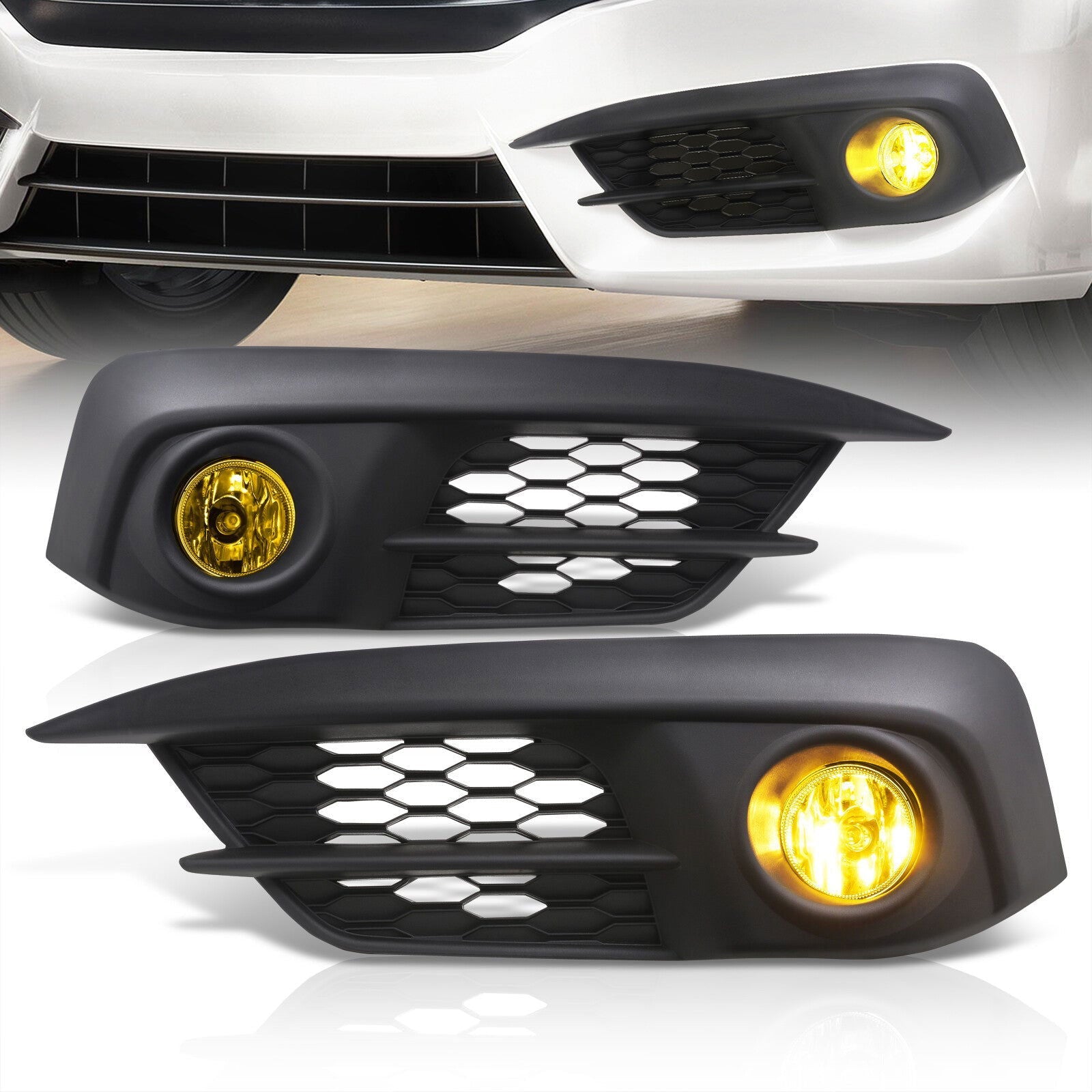 Honda Civic (Excluding Sport, SI, & Type-R Models) 2016-2018 Front Fog Lights Yellow Len (Includes Switch & Wiring Harness) - Parts Agent