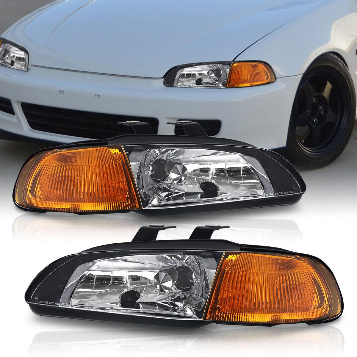 Honda Civic Sedan 1992-1995 1 Piece Style Headlights + Corners Black Housing Clear Len Clear Reflector - Parts Agent