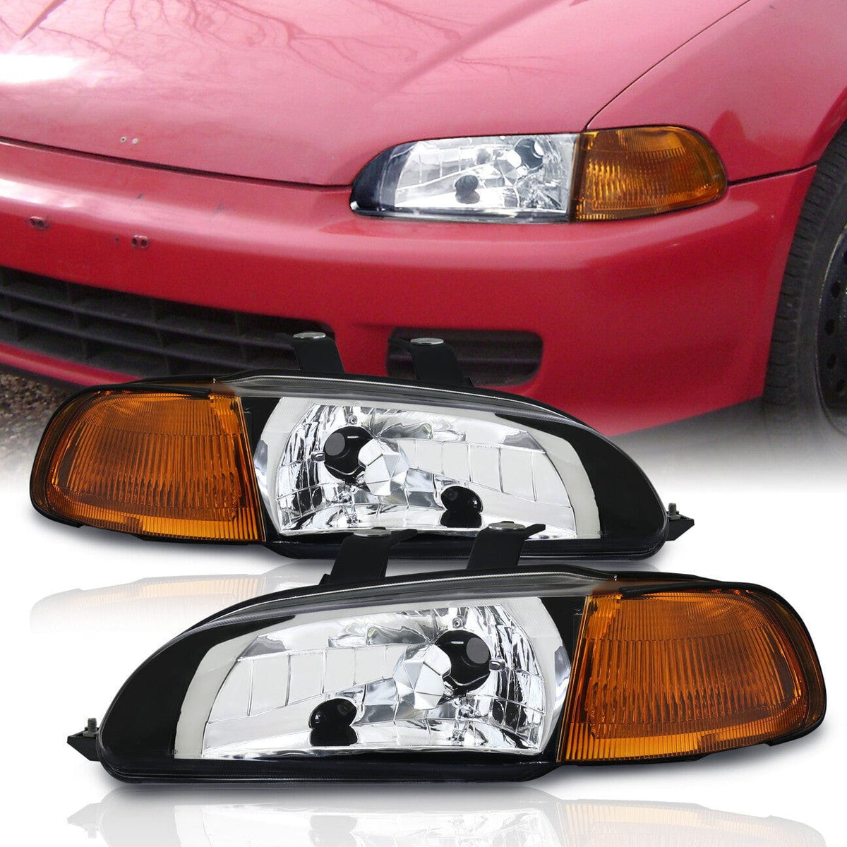 Honda Civic Sedan 1992-1995 1 Piece Style Headlights + Corners Chrome Housing Clear Len Amber Reflector - Parts Agent