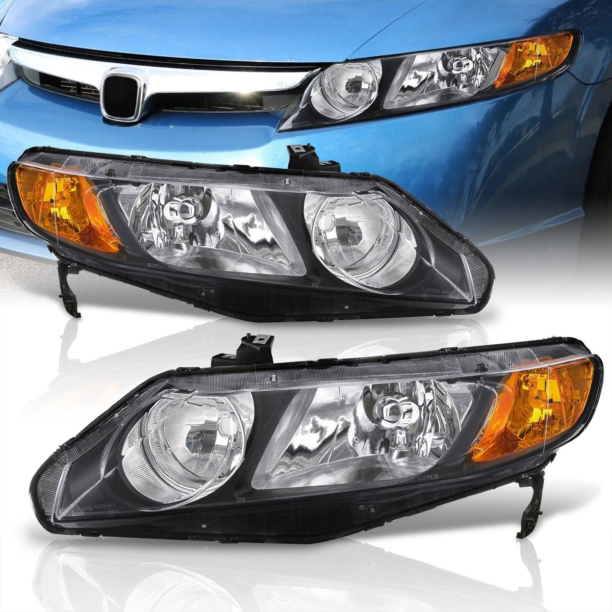 Honda Civic Sedan 2006-2011 Factory Style Headlights Black Housing Clear Len Amber Reflector - Parts Agent