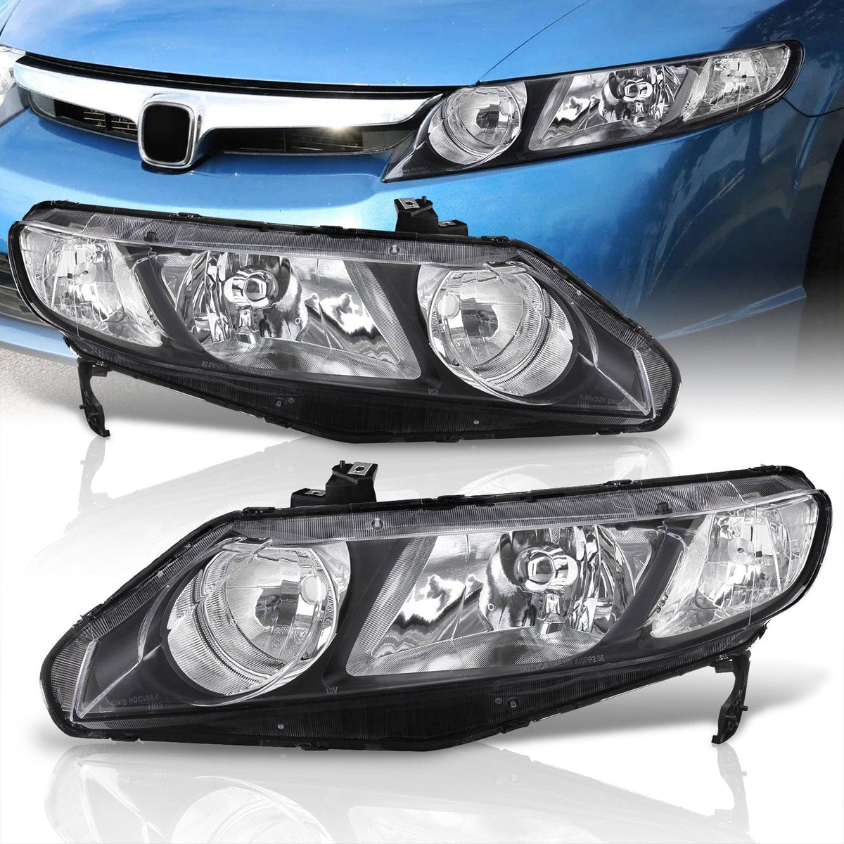 Honda Civic Sedan 2006-2011 Factory Style Headlights Black Housing Clear Len Clear Reflector - Parts Agent