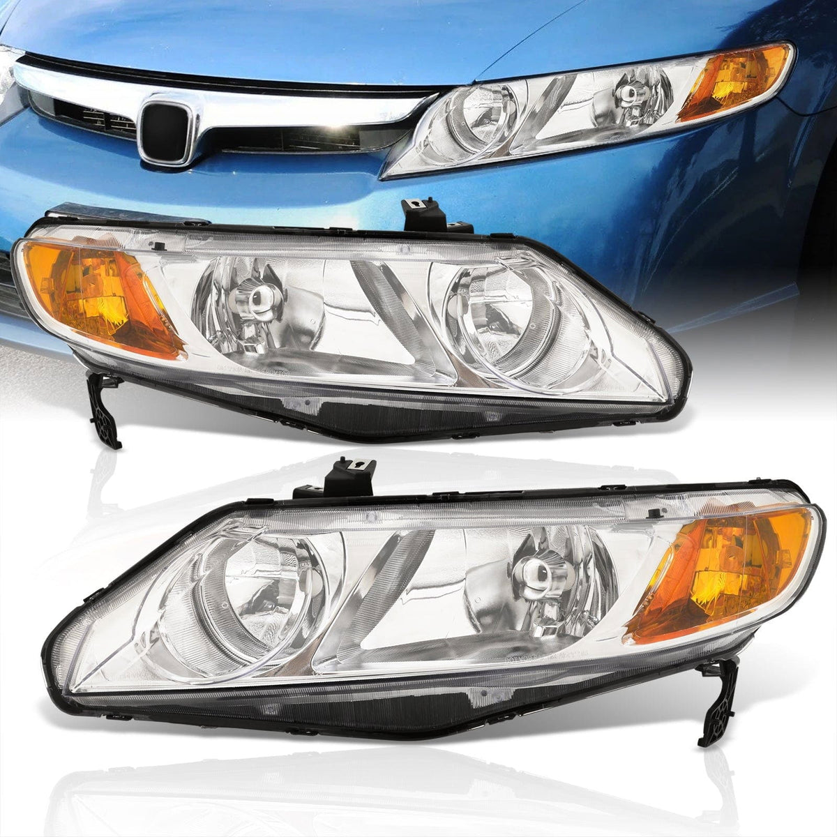 Honda Civic Sedan 2006-2011 Factory Style Headlights Chrome Housing Clear Len Amber Reflector - Parts Agent