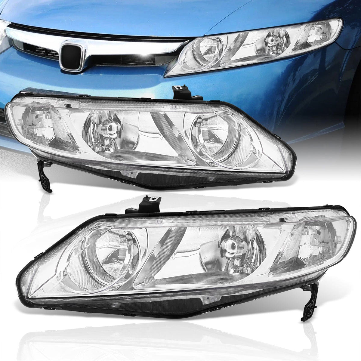 Honda Civic Sedan 2006-2011 Factory Style Headlights Chrome Housing Clear Len Clear Reflector - Parts Agent