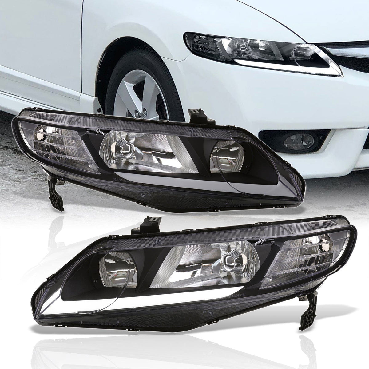 Honda Civic Sedan 2006-2011 LED DRL Bar Factory Style Headlights Black Housing Clear Len Clear Reflector - Parts Agent