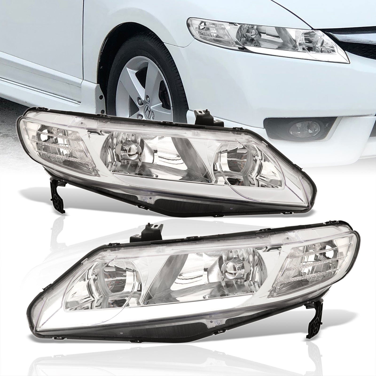 Honda Civic Sedan 2006-2011 LED DRL Bar Factory Style Headlights Chrome Housing Clear Len Clear Reflector - Parts Agent