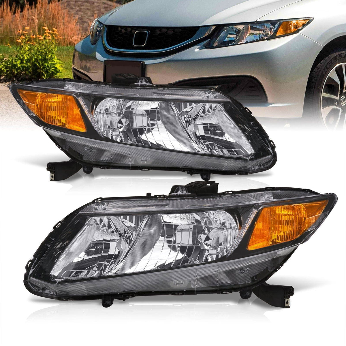 Honda Civic Sedan 2012-2015 / Honda Civic Coupe 2012-2013 Factory Style Headlights Black Housing Clear Len Amber Reflector - Parts Agent