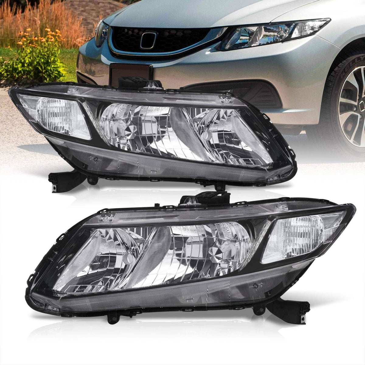 Honda Civic Sedan 2012-2015 / Honda Civic Coupe 2012-2013 Factory Style Headlights Black Housing Clear Len Clear Reflector - Parts Agent