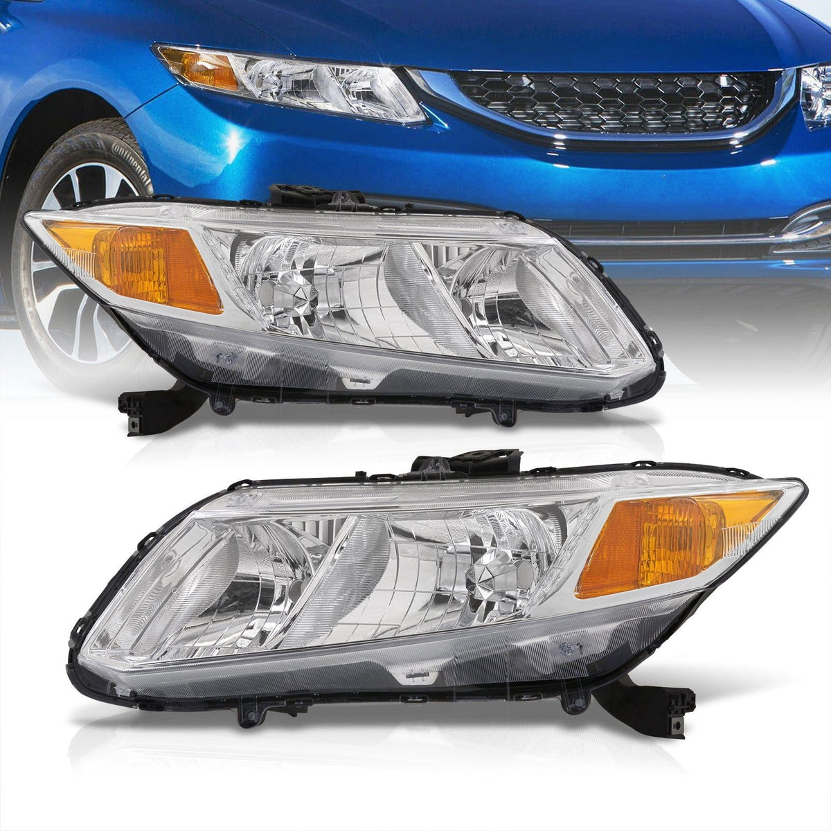 Honda Civic Sedan 2012-2015 / Honda Civic Coupe 2012-2013 Factory Style Headlights Chrome Housing Clear Len Amber Reflector - Parts Agent