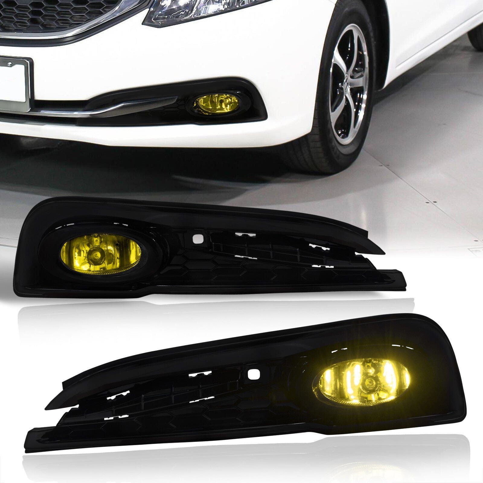 Honda Civic Sedan (Not Compatible for Coupe, Hybrid, & SI Models) 2013-2015 Front Fog Lights Yellow Len (Includes Switch & Wiring Harness) - Parts Agent