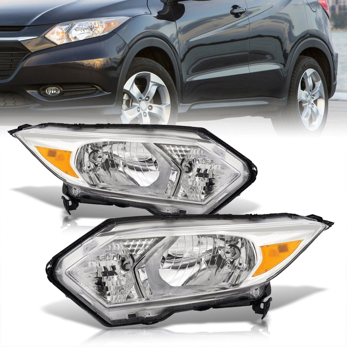 Honda HRV 2016-2018 Headlights Chrome Housing Clear Len Amber Reflector (Halogen Models Only) - Parts Agent