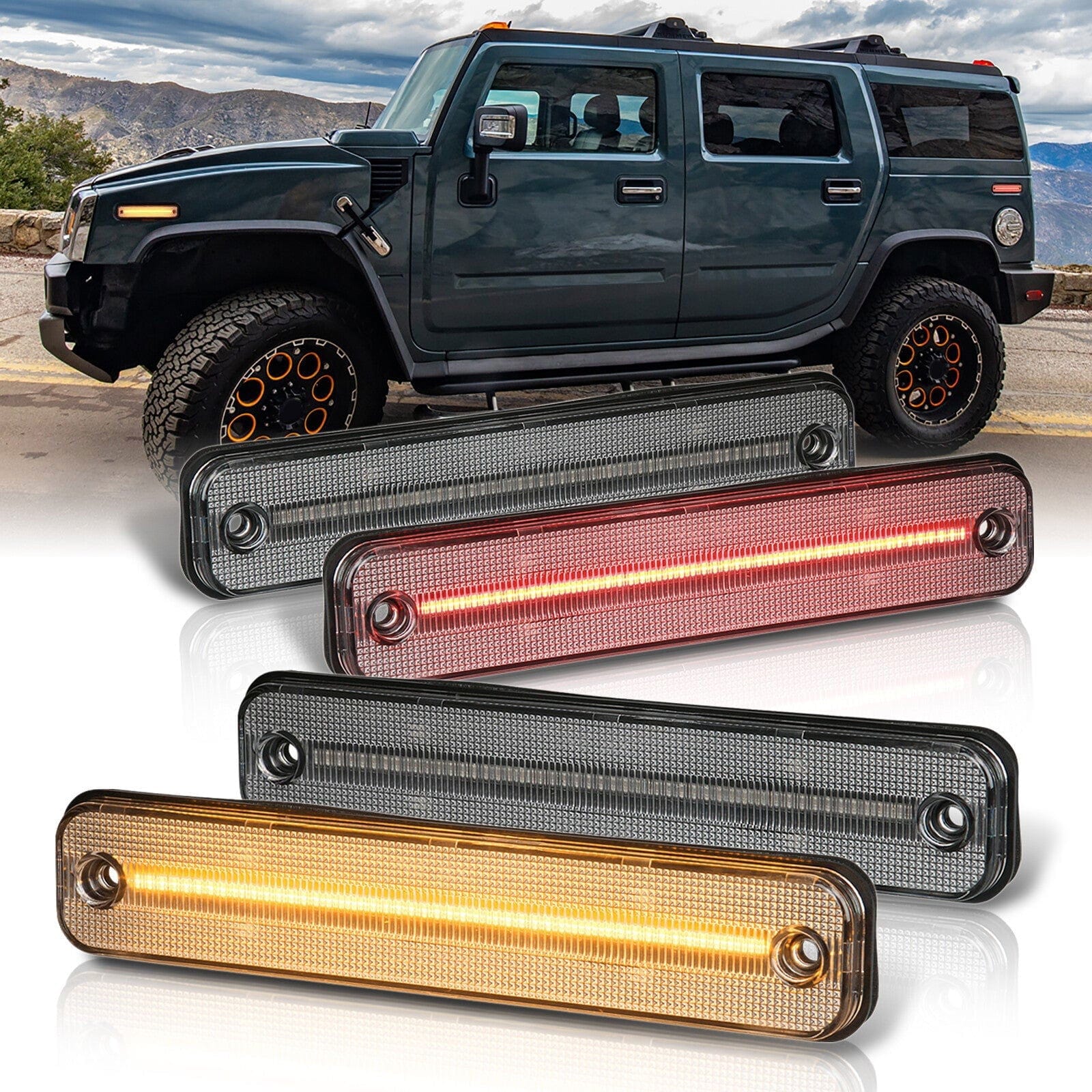 Hummer H2 2003-2009 4 Piece Front Amber & Rear Red LED Side Marker Lights Clear Len - Parts Agent