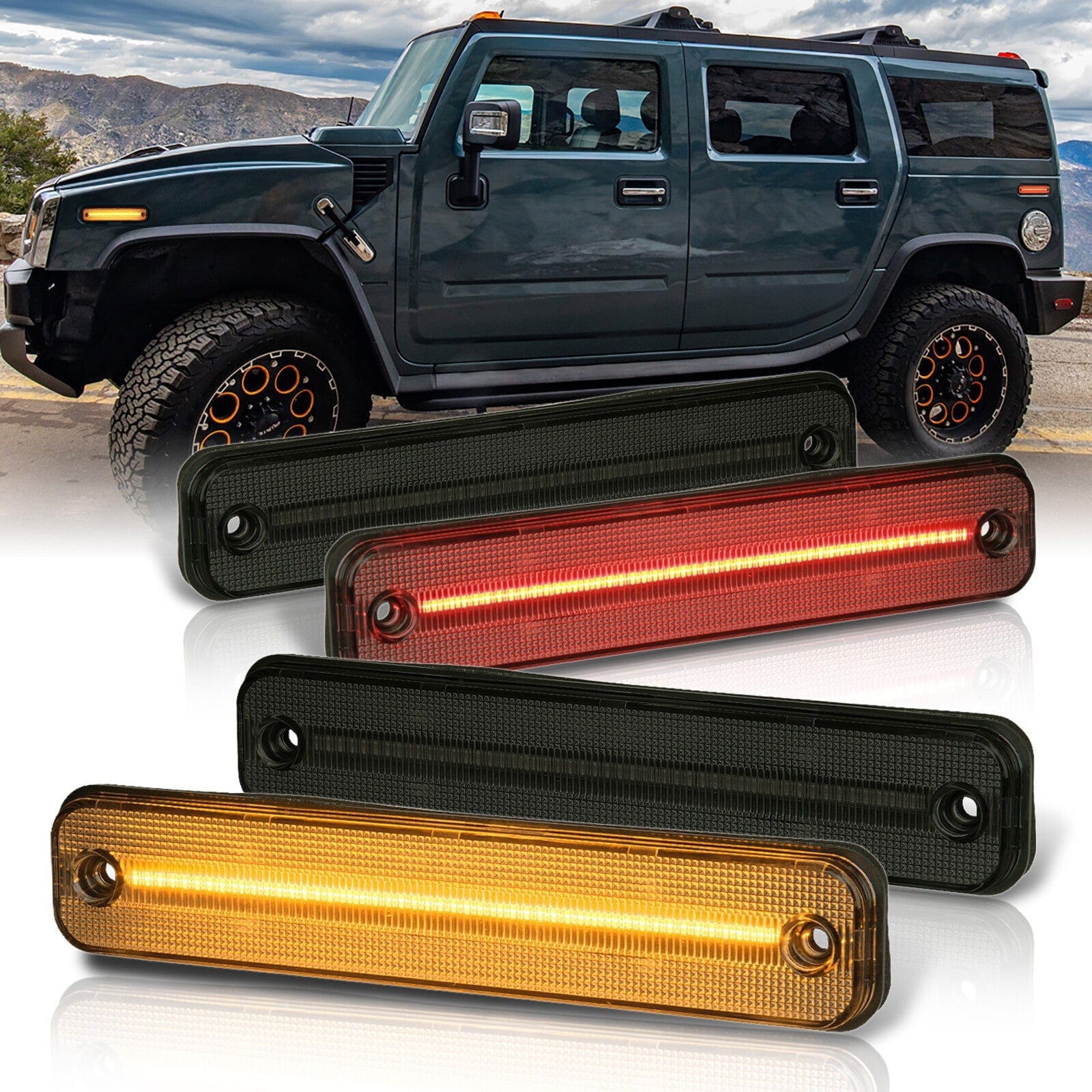 Hummer H2 2003-2009 4 Piece Front Amber & Rear Red LED Side Marker Lights Smoke Len - Parts Agent