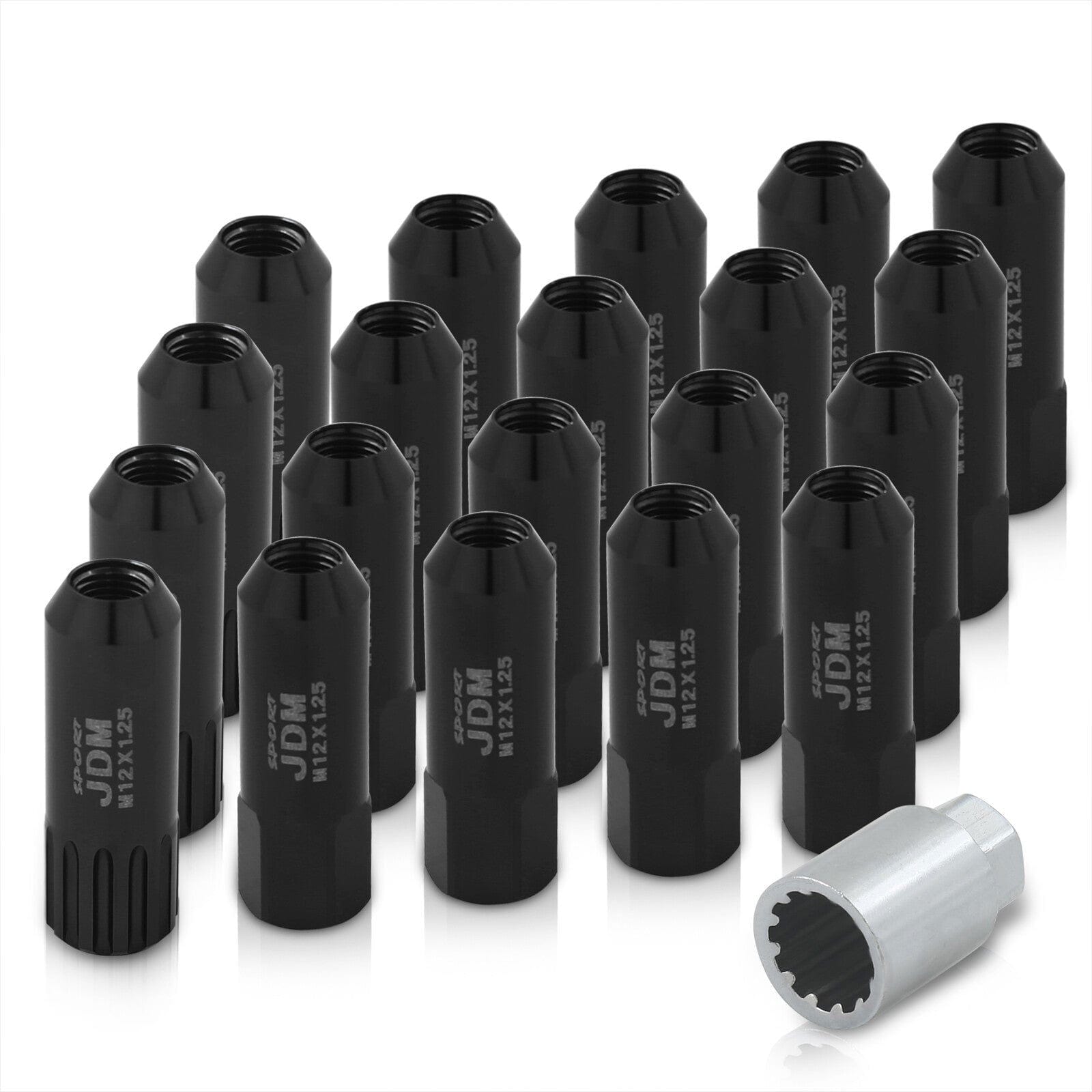 JDM Sport Universal 12 x 1.25 Extended Locking Lug Nuts Black (20 Pieces) - 4 Pieces Locking Type Lug + Key - Parts Agent