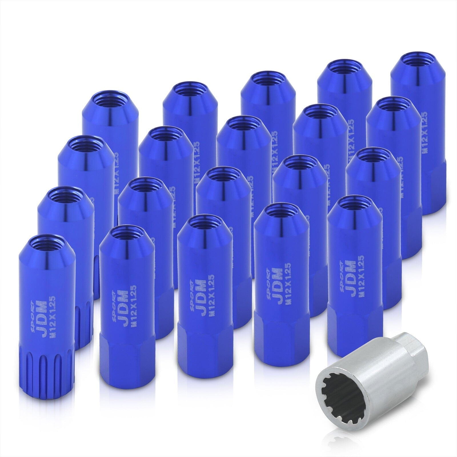 JDM Sport Universal 12 x 1.25 Extended Locking Lug Nuts Blue (20 Pieces) - 4 Pieces Locking Type Lug + Key - Parts Agent