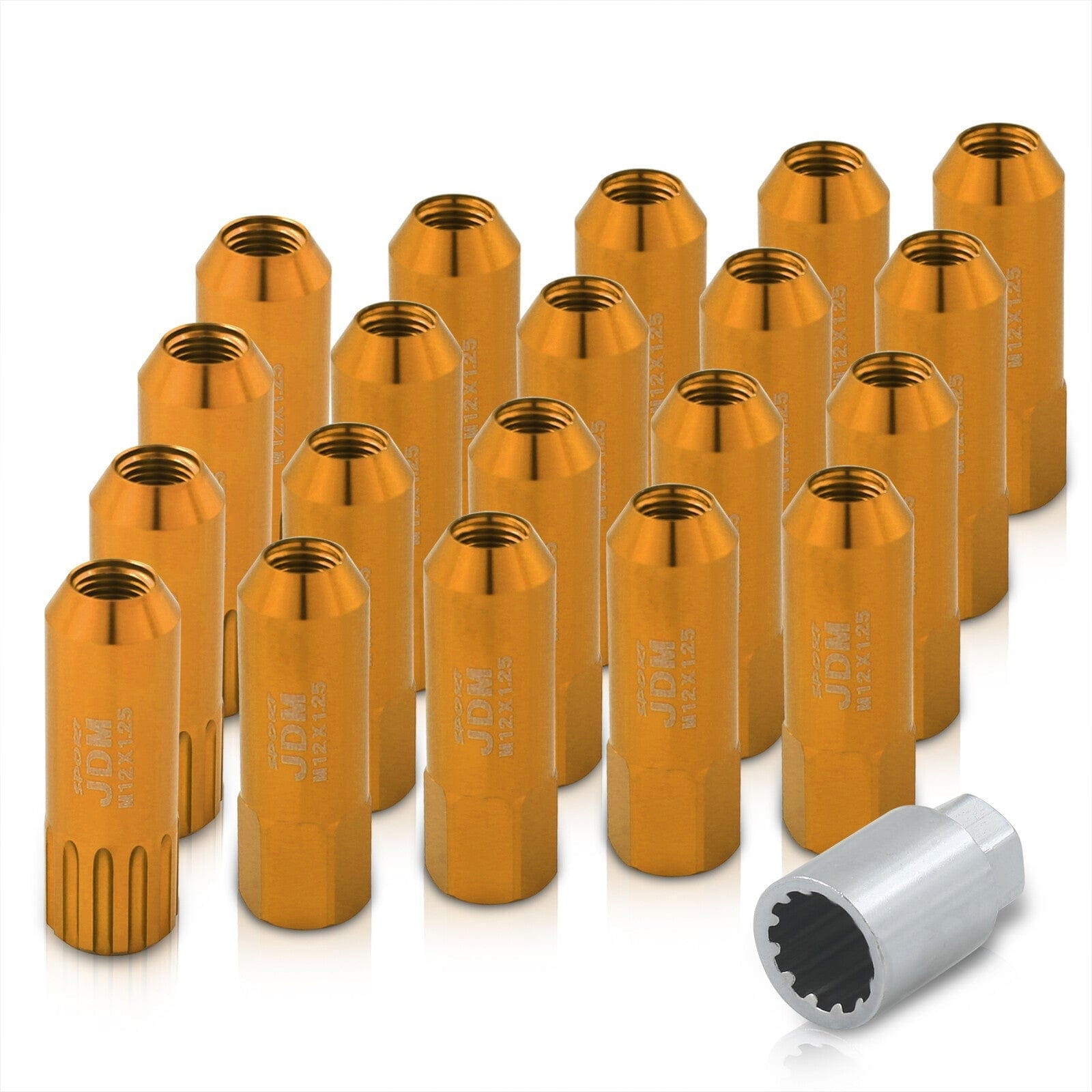 JDM Sport Universal 12 x 1.25 Extended Locking Lug Nuts Gold (20 Pieces) - 4 Pieces Locking Type Lug + Key - Parts Agent