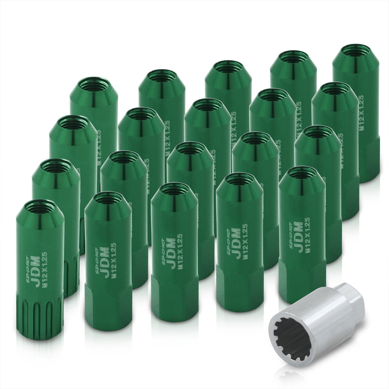 JDM Sport Universal 12 x 1.25 Extended Locking Lug Nuts Green (20 Pieces) - 4 Pieces Locking Type Lug + Key - Parts Agent